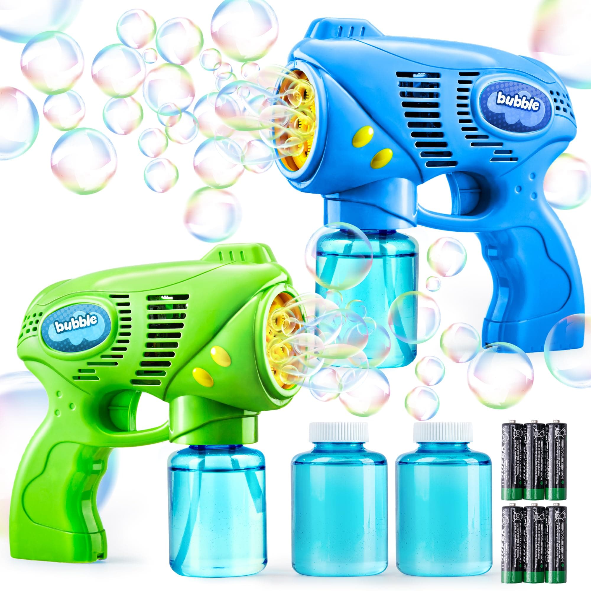 2 Bubble Guns with 2 Bottles Bubble Refill Solution (260ml Total), Bubble Machine for Toddlers 3+, Bubble Blaster Party Favors, Summer Toy, Outdoors Activity, Easter, Birthday Gift(Blue+Green)