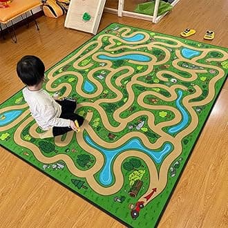 Kids Rug, Cartoon Maze Playmat Rugs - 5x7 Ft Kids Carpet with Rubber Backing, Forest Trees Animal Plant Theme Play Mat Nursery Rugs for Children Bedroom Playroom