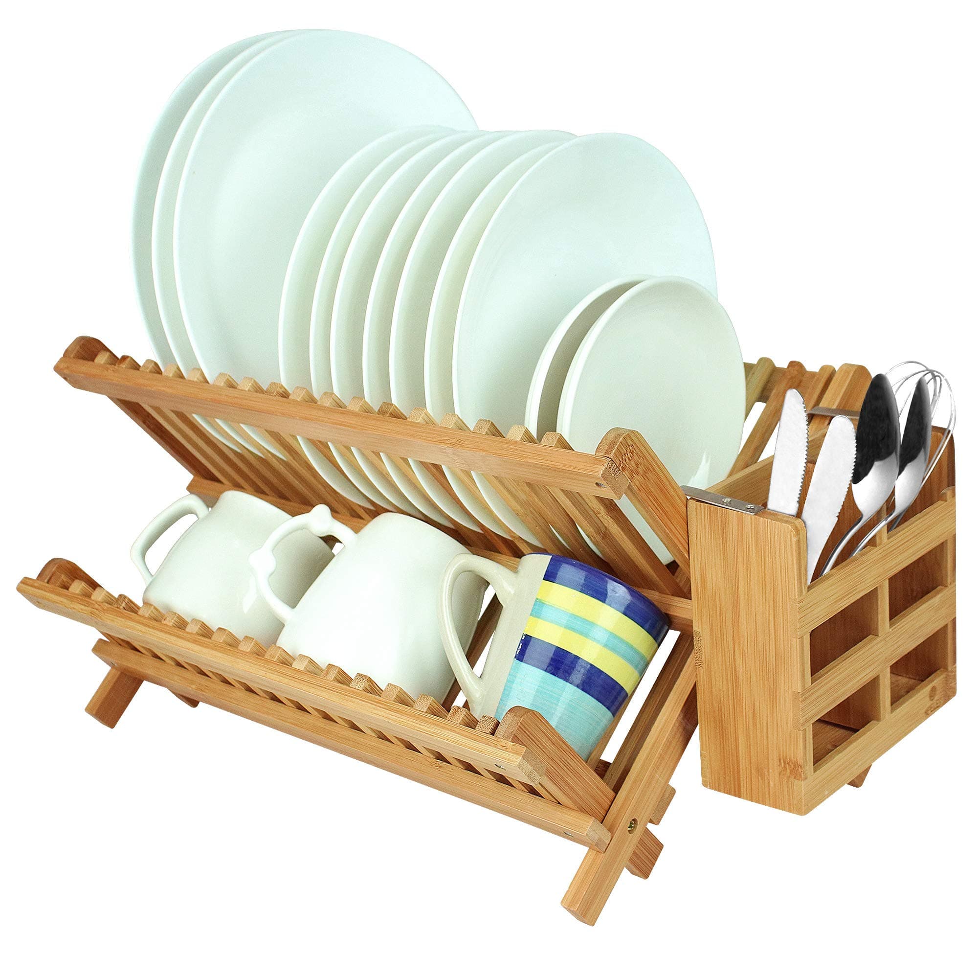 Bamboo Dish Drying Rack/Utensil Dish Drainer | Collapsible Foldable Dish Drainer | for Big Plates, Cups, Mugs, Utensils | 18 Slits | Eco-Friendly | Large 2-Tier Double Sided