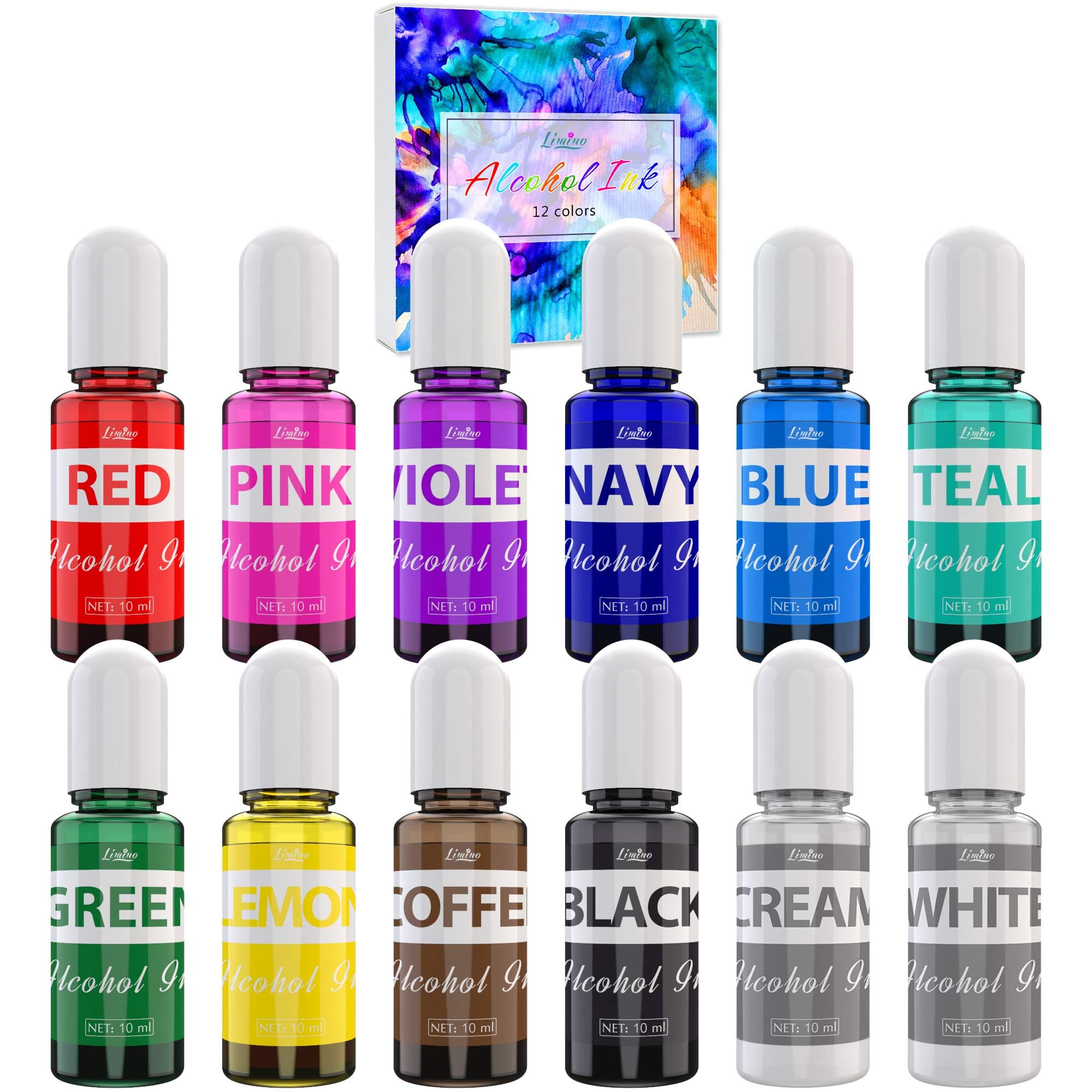 Alcohol Ink Set - 12 Colours Alcohol Based Ink for Epoxy Resin Painting, Epoxy Petri Dish Making, Resin Art - Concentrated Paint Color Dye for Coaster, Yupo, Tumbler Making - 10ml Each