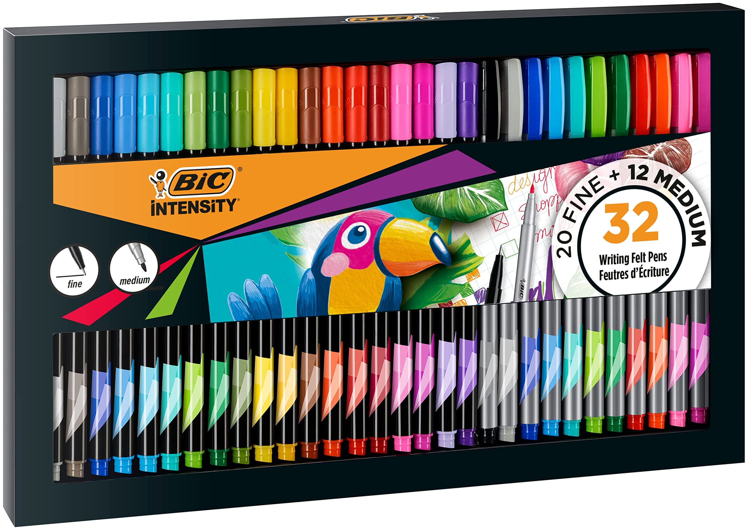 BIC Intensity Felt Tip Pens, Writing Pens with 20 Fine and 12 Medium Tips, Vibrant Colouring Pens, School Supplies for Kids or Adults, 32 Pack