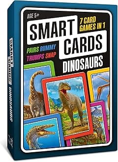SMART CARDS Dinosaurs, Gift, Stocking Filler, Travel Card Game, 7 games in 1, Pairs, Snap, Trumps, Rummy, Memory Quiz, Trivia, Age 5+, 1-8 Players