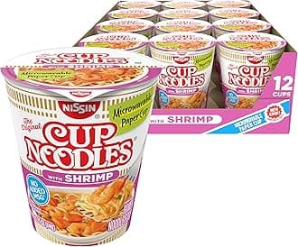 Nissin Cup Noodles Soup, Shrimp Flavor, Microwaveable Paper Cups, Instant Ramen, 2.25 Ounce (Pack of 12)