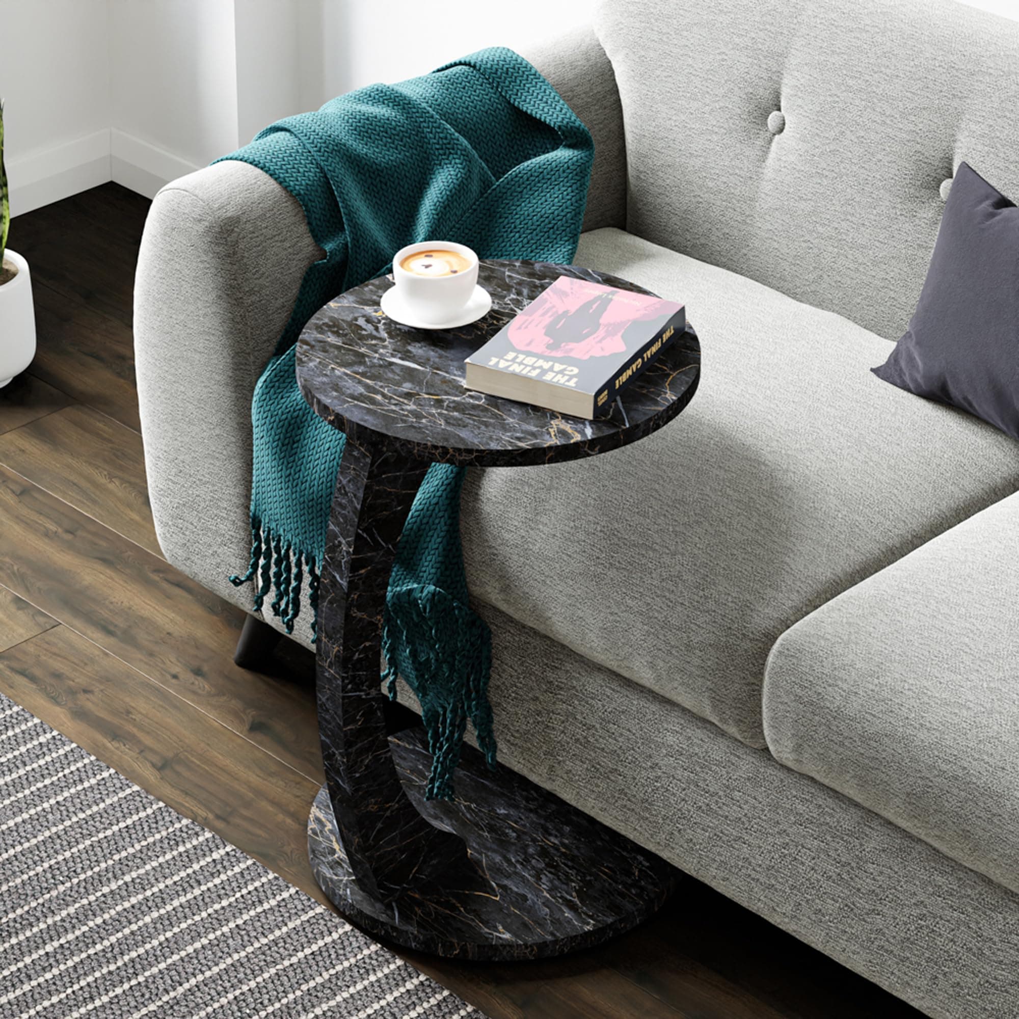 [en.casa] Side table Holeby Coffee table on castors C-shape Living room rolling round top 56 x Ø 38 cm Marble-look black