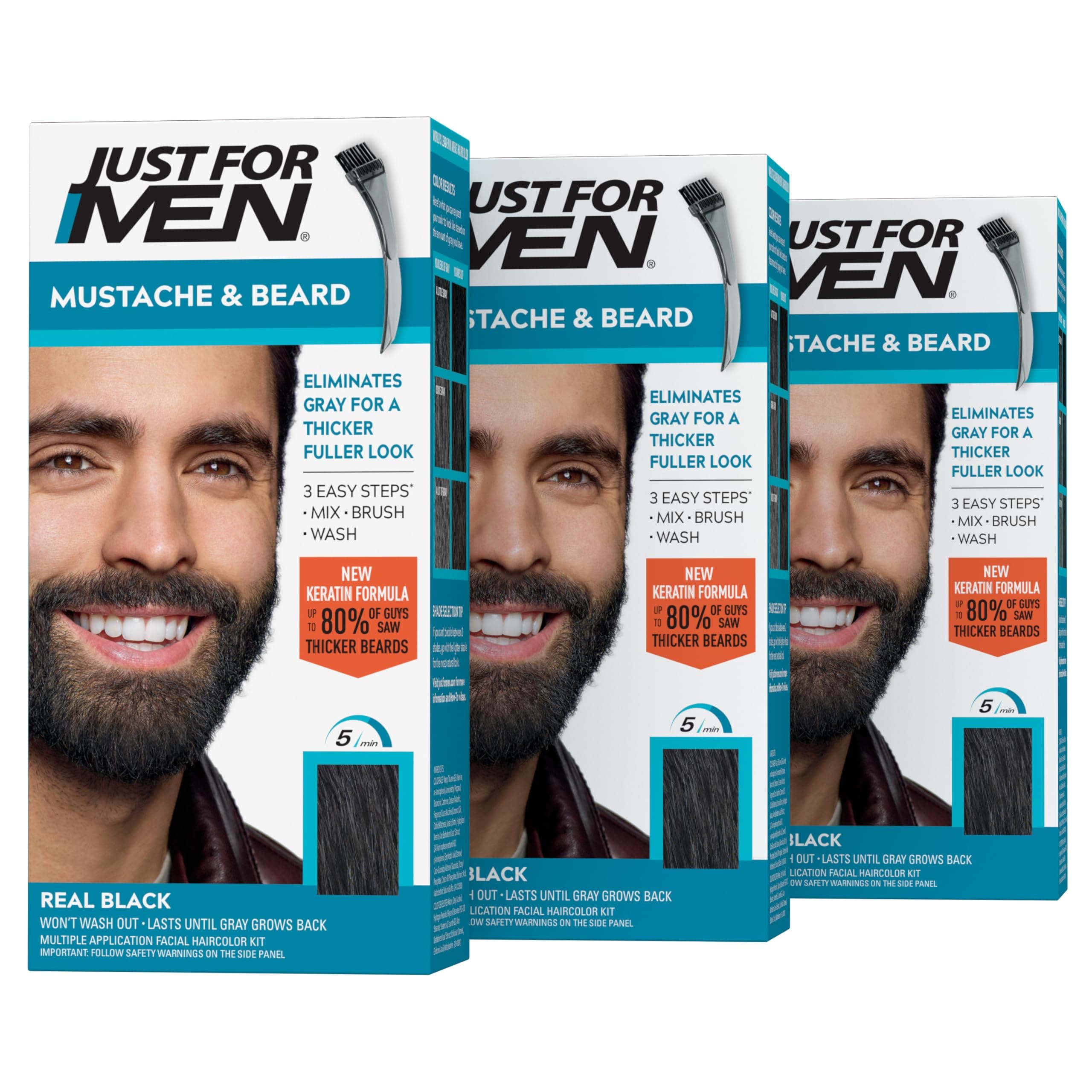 Mustache & Beard, Beard Coloring for Gray Hair with Brush, With Keratin Biotin Aloe and Coconut Oil for Healthy Facial Hair - Real Black, M-55, Pack of 3 (Packaging May Vary)