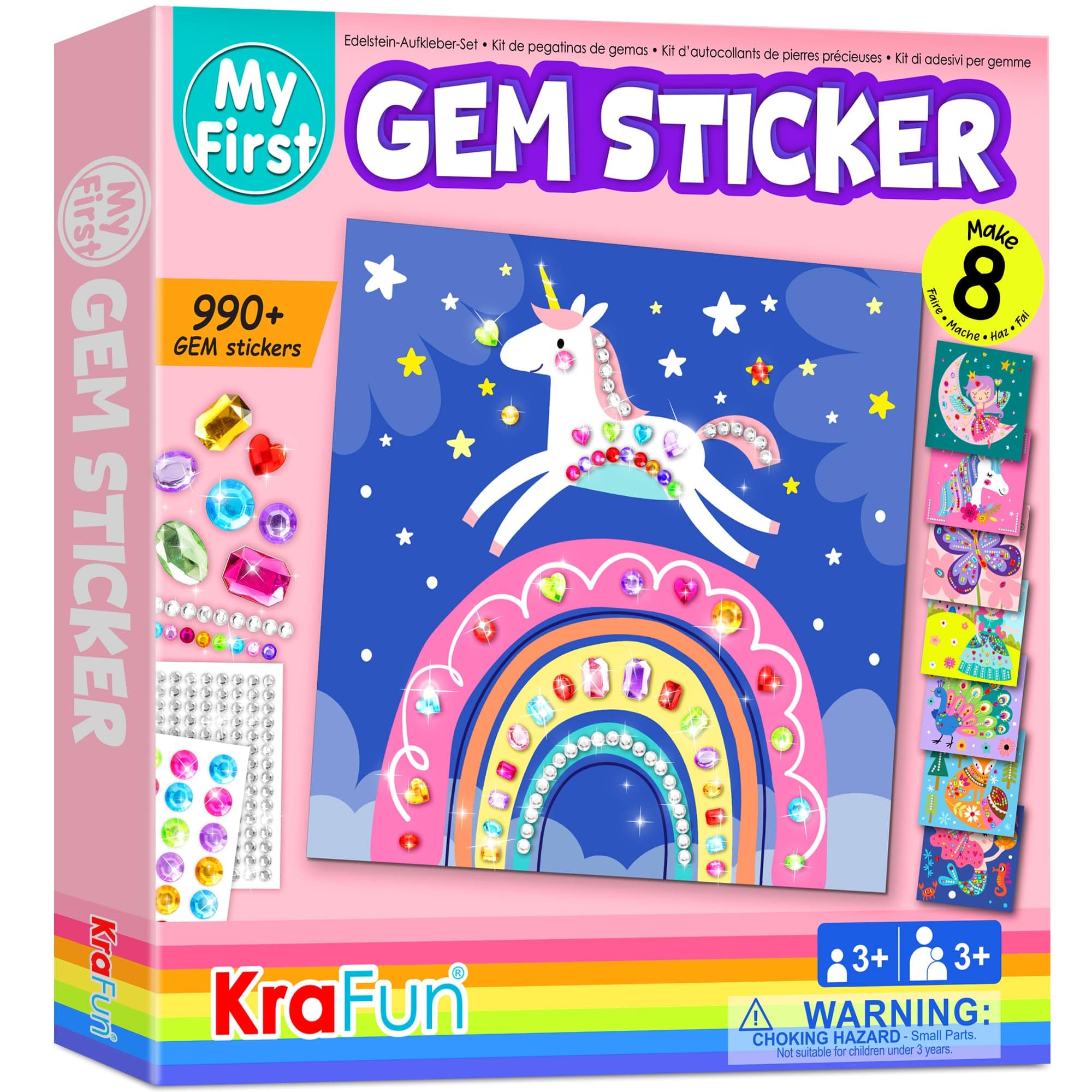 KRAFUN My First Gem Sticker Kit, 8 No Mess Art for Kids, DIY Gem Creative Activity, Easter Gifts for Toddlers Girls & Boys Ages 3-8, Travel Toys, 990 Pieces Animal Unicorn Craft Kits & Supplies