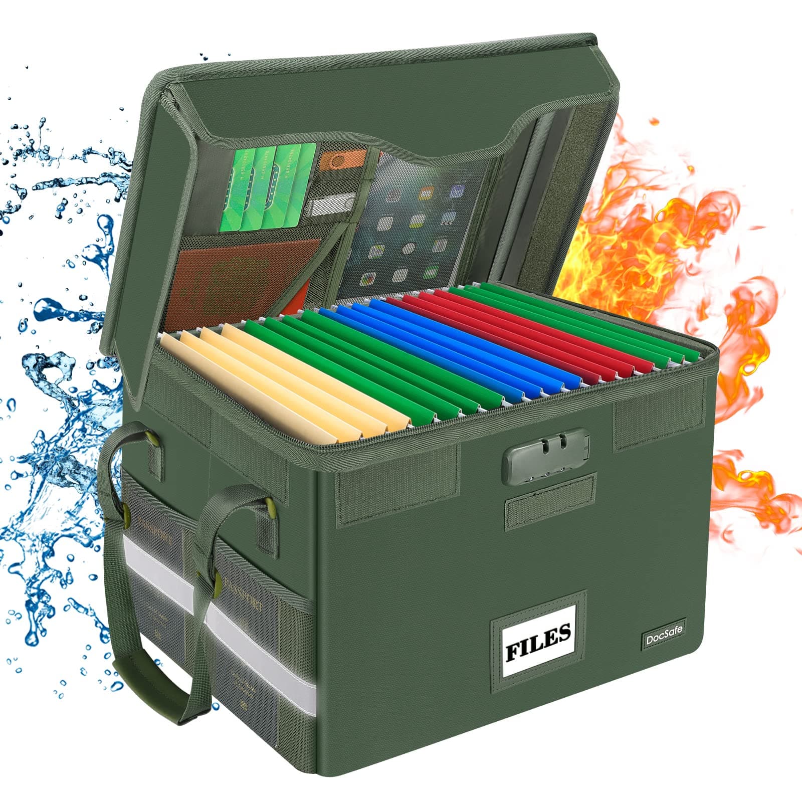 Fireproof Document Box with Lock,File Storage Organizer with Mesh Pockets＆Lid,Collapsible Portable File Box Home Office Safe Filing Cabinet with Handle for Hanging Letter/Legal Folder,Green