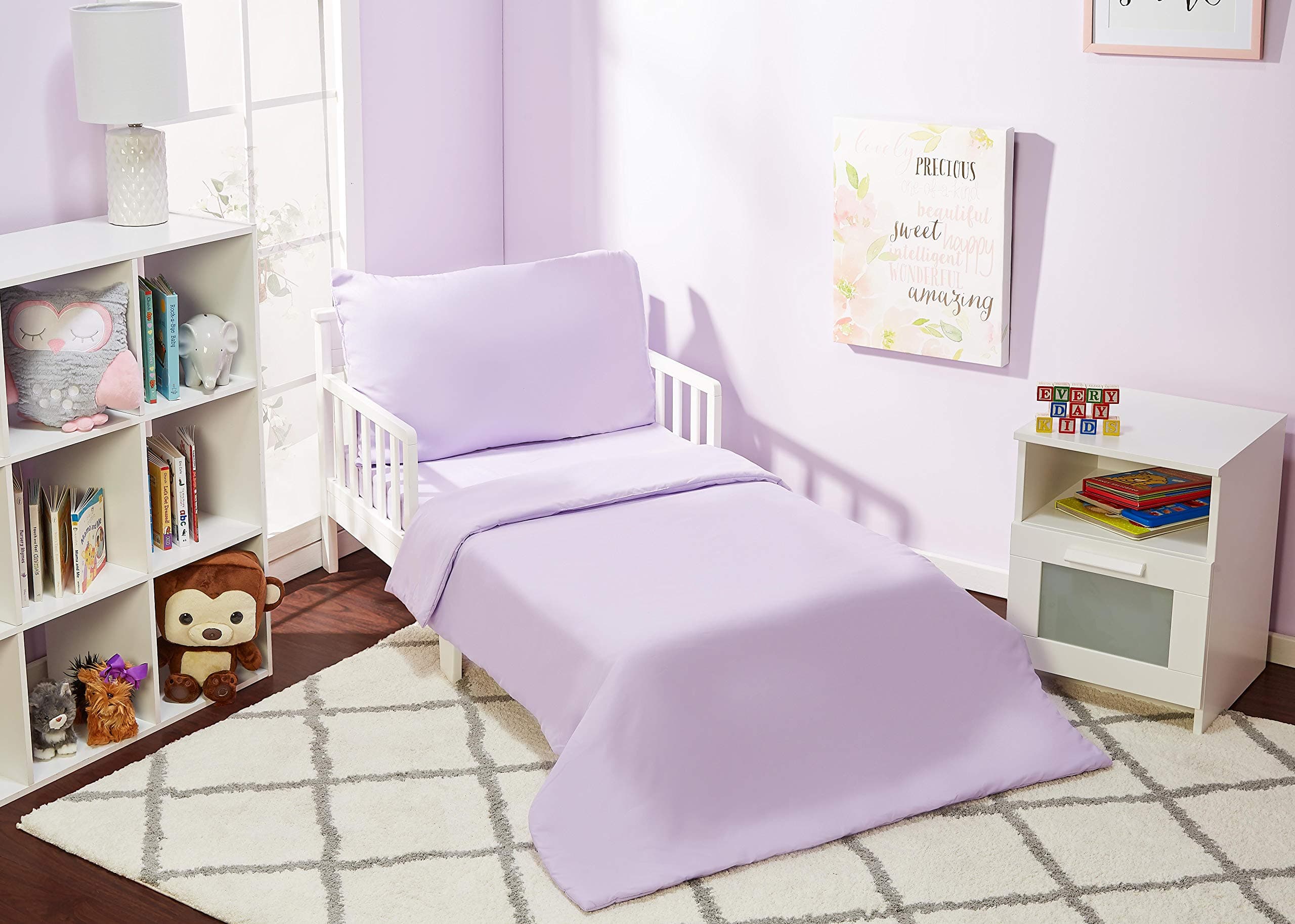 EVERYDAY KIDS 4 Piece Toddler Bedding Set - Includes Comforter, Flat Sheet, Fitted Sheet and Pillowcase - Solid Purple