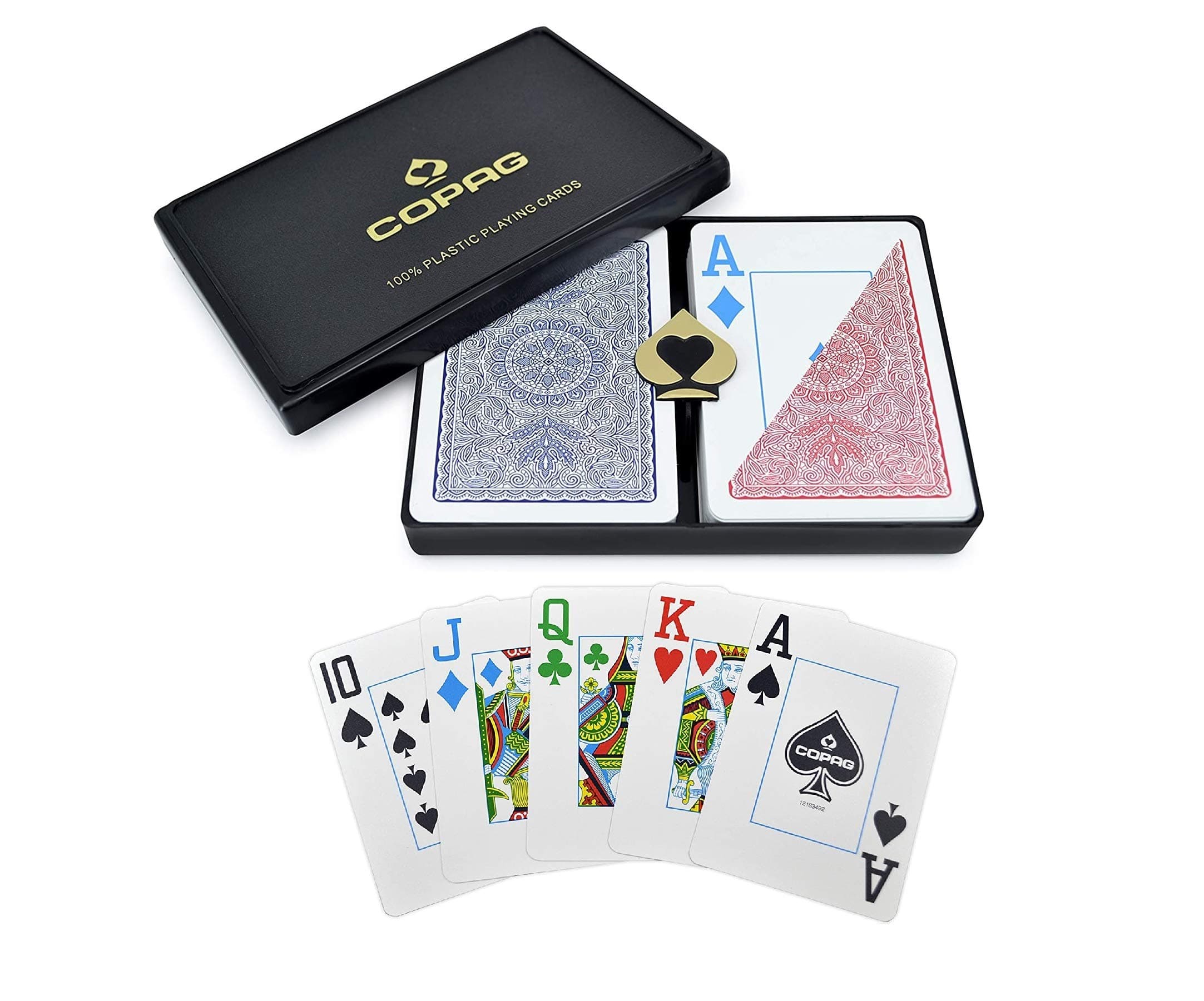 Copag 4-colour Dual Deck Set - Red/Blue, Poker Size, Jumbo Index - 100% Plastic Playing Cards with Protective Display Case