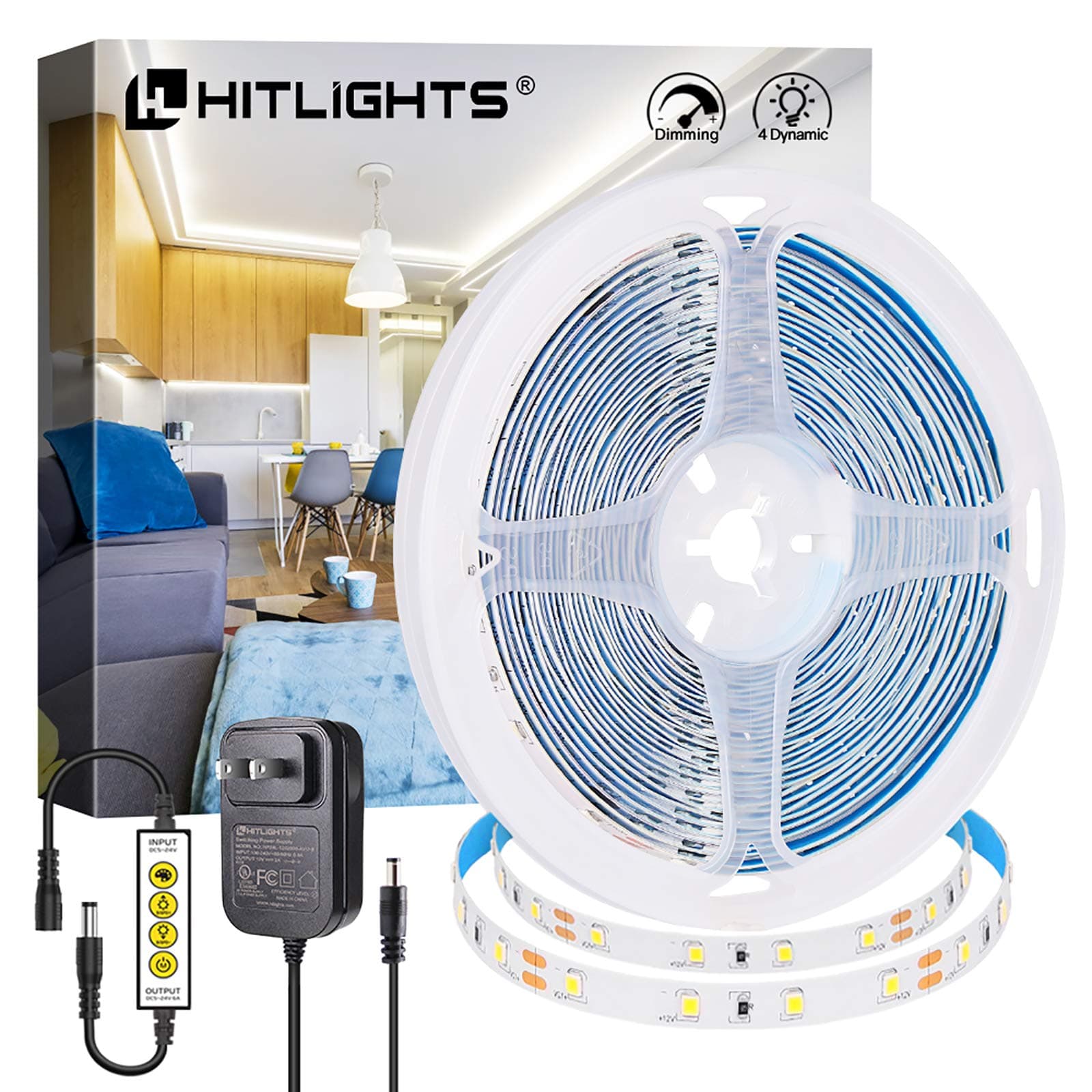 HitLights LED Strip Lights Dimmable White LED Strips 2835 16.4FT Flexible 5000k 300 LED Tape Lights Kit Included 12V UL Power Supply and LED Dimmer for Home Kitchen Mirror