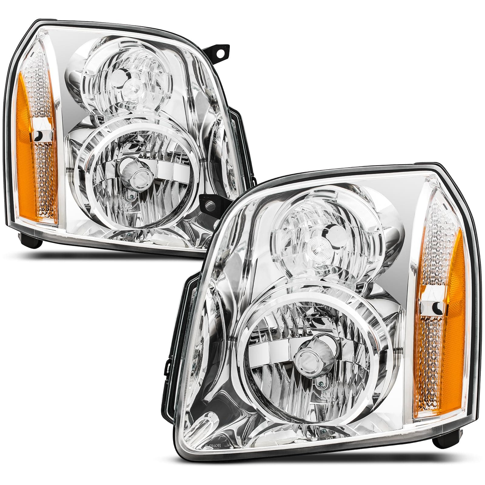 Headlights Assembly for 2007-2014 GMC Yukon SLE SLT Denali Yukon XL 1500 2500,Headlamp Assembly DENALI Style Chrome+Amber Halogen OE Replacement, RK-HL-YK031