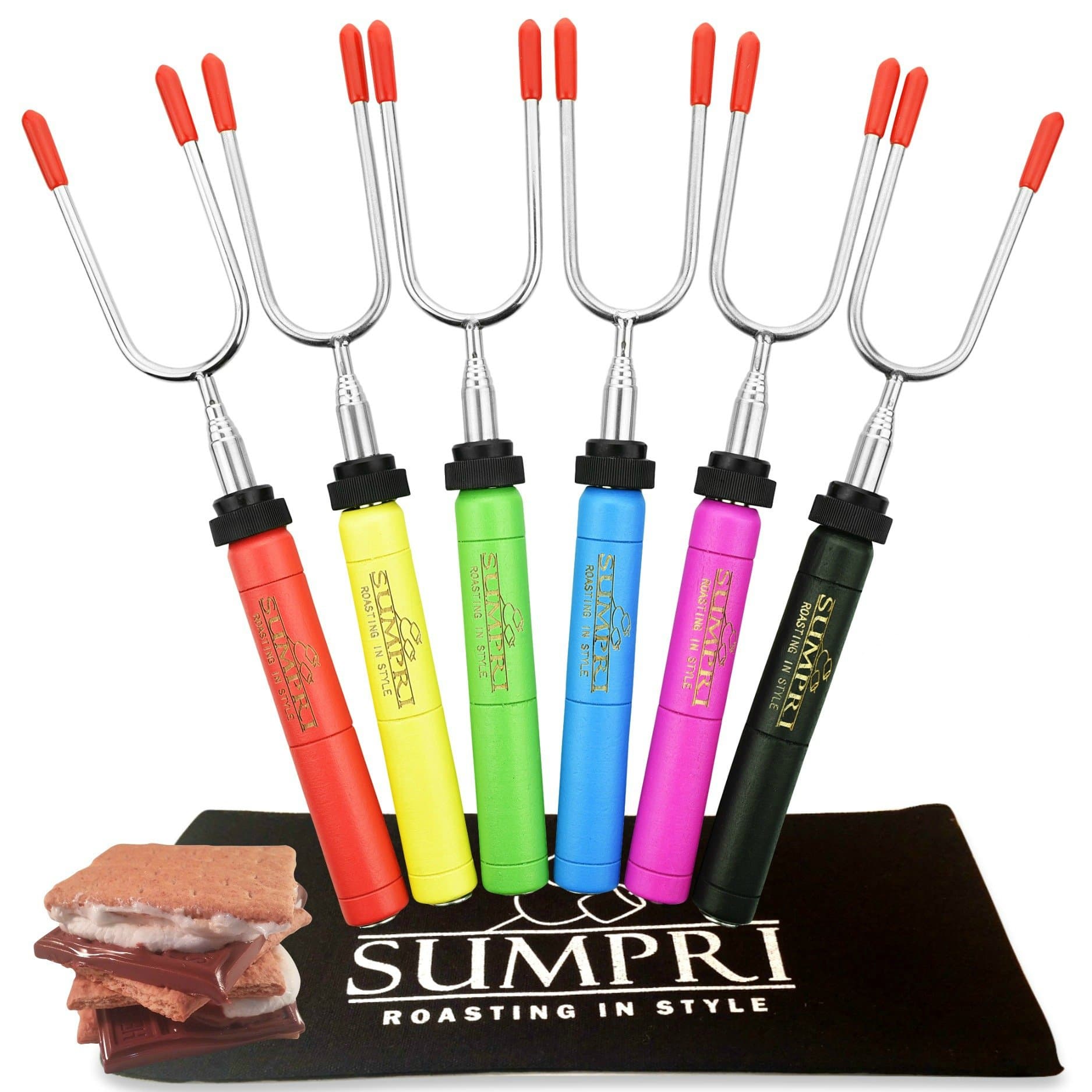 - Smores Sticks For Fire Pit - Marshmallow Roasting Sticks For Campfire, Rotating Smore Sticks Set of 6 - Safe, Fun Telescoping Multicolored 34 Inch Hot Dog Sticks - SUMPRI Long Camping Skewers