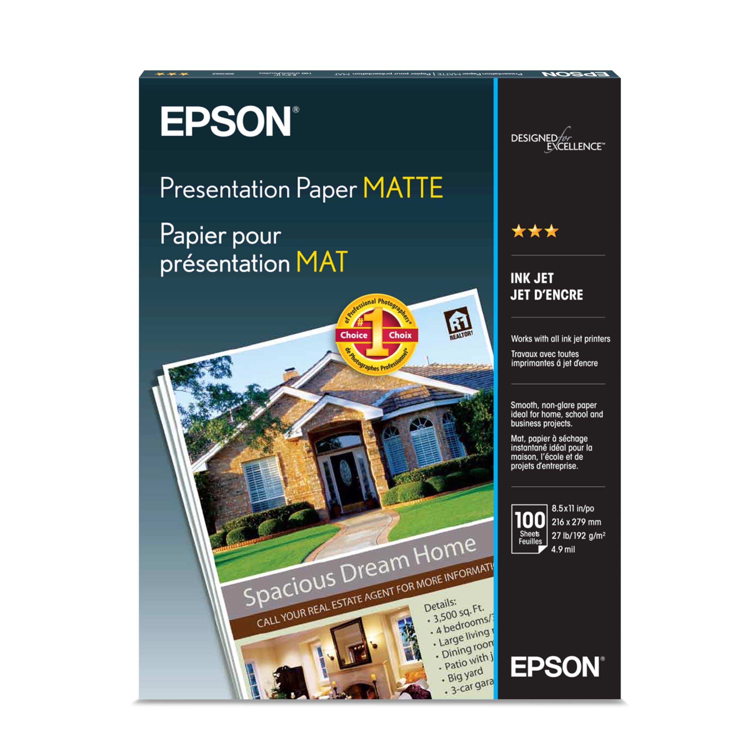 Epson Matte Presentation Paper , 27 lbs., 8-1/2 x 11, Pack of 100 Sheets, (S041062), White