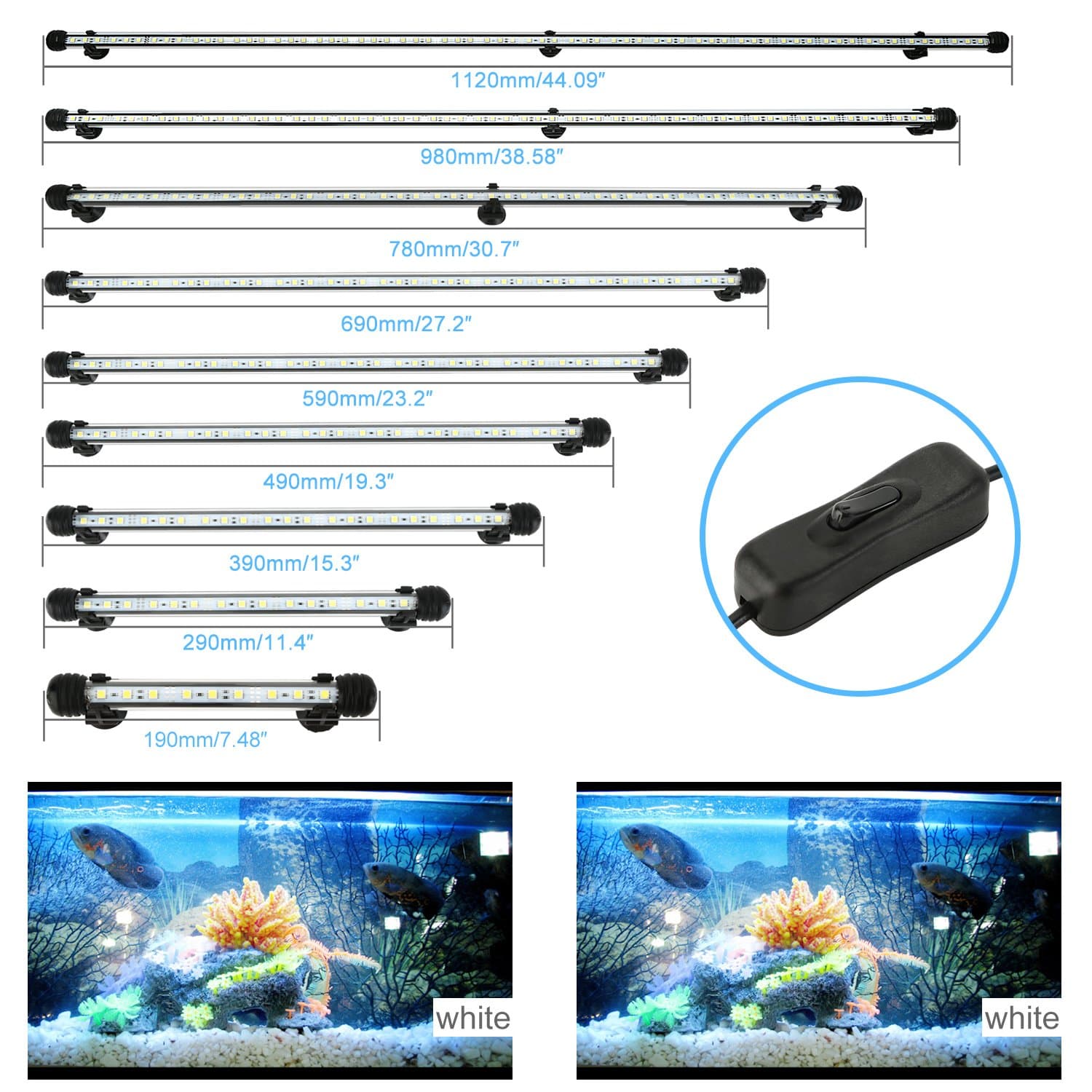 ROSE T White Light Aquarium LED Strip Lighting Set Fully Waterproof Amphibious Submersible Fish Tank Lights (98cm/38.58ches)