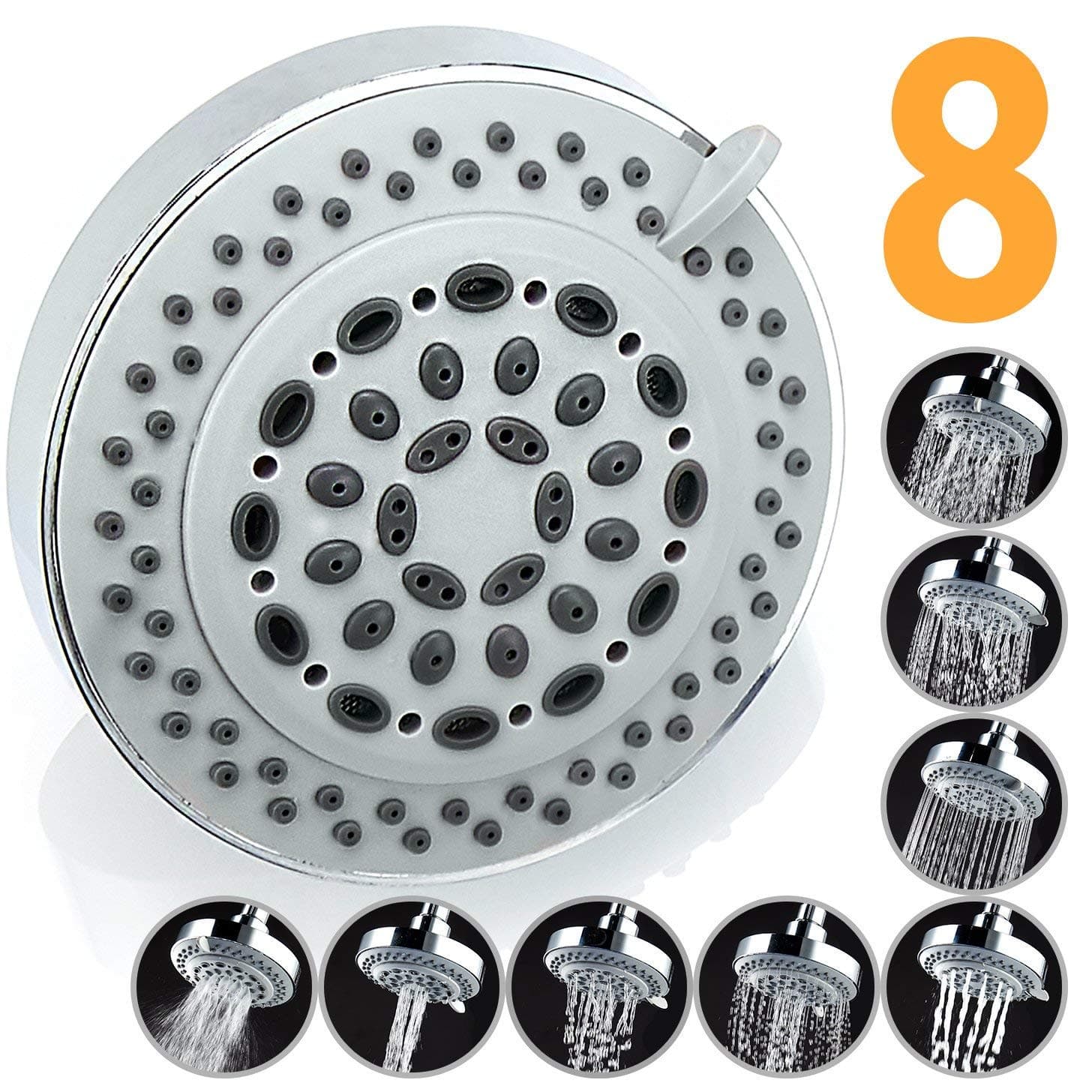 Eco Universal Shower Head - 8-Setting American Standard Fixed ShowerHead with Brass Shower Ball and Anti-Clogging Nozzles for Best High-Low Pressure Water Saving Rain Massage Spa Output