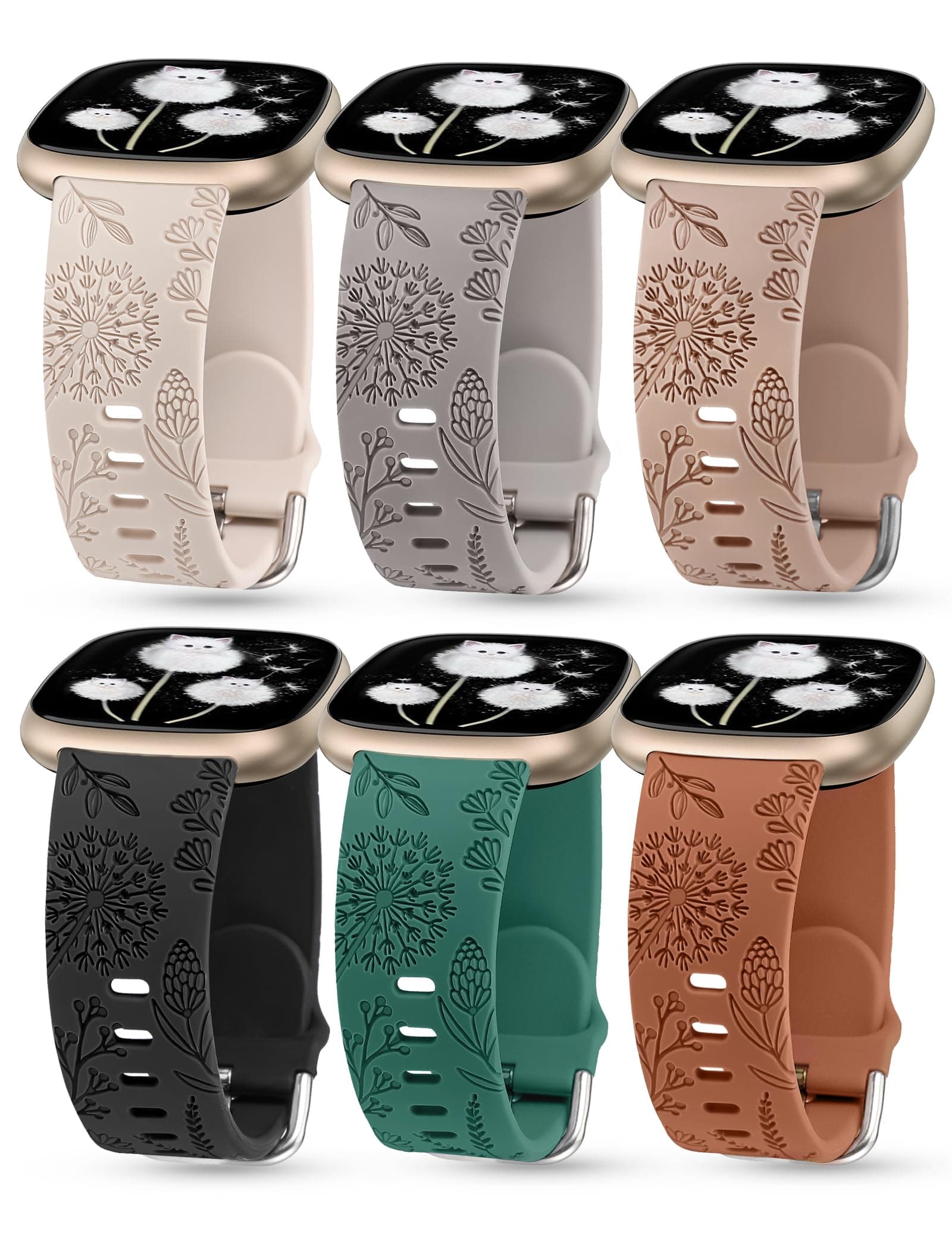 Minyee 3 Packs Floral Engraved Band Compatible with Fitbit Versa 4/Versa 3/Sense 2/Sense Band Women, Cute Soft Silicone Dandelion Flower Pattern Sport Designer Fancy Summer Strap for Versa 4