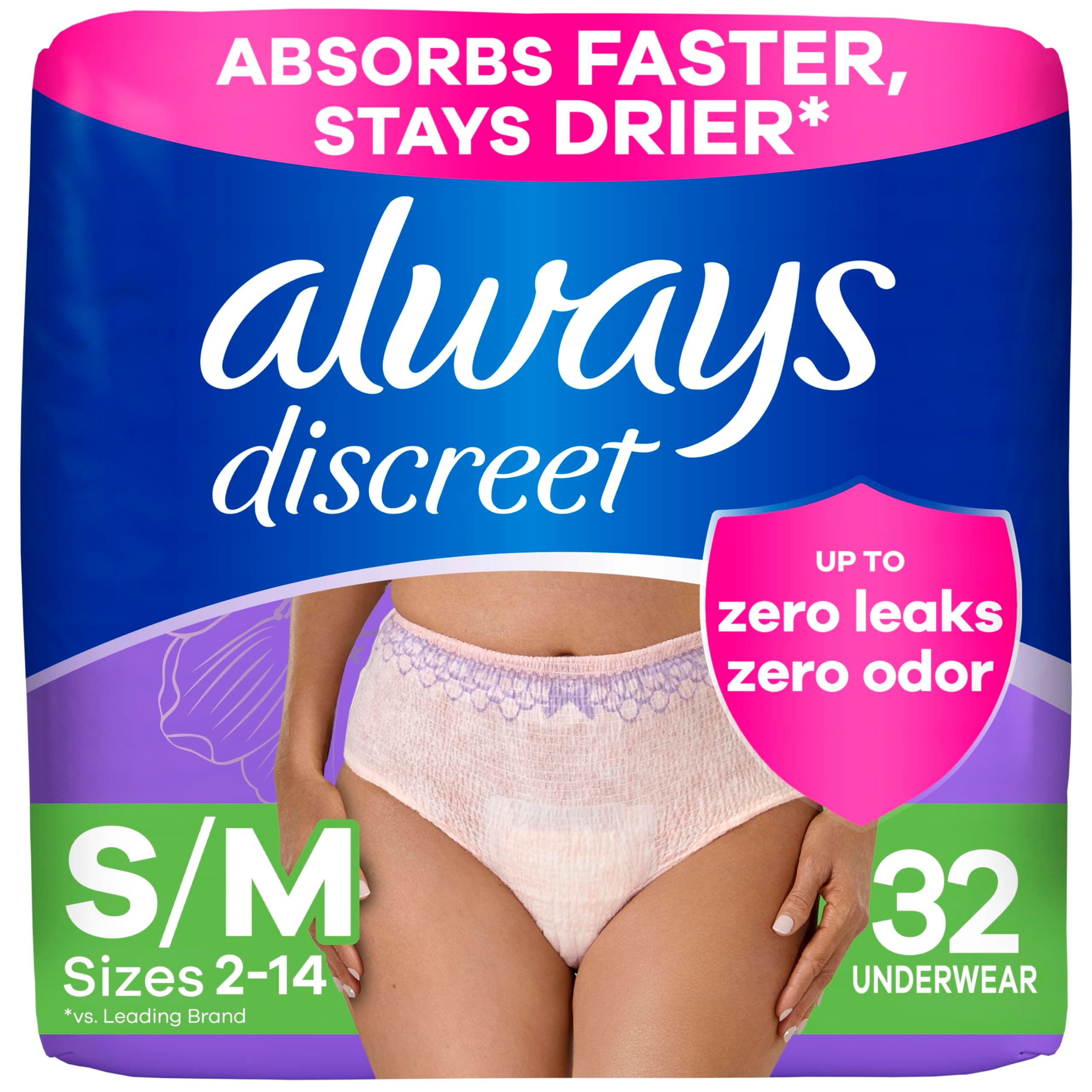 Discreet, Incontinence Underwear, Maximum Absorbency, Small/Medium, 32 Count by Always