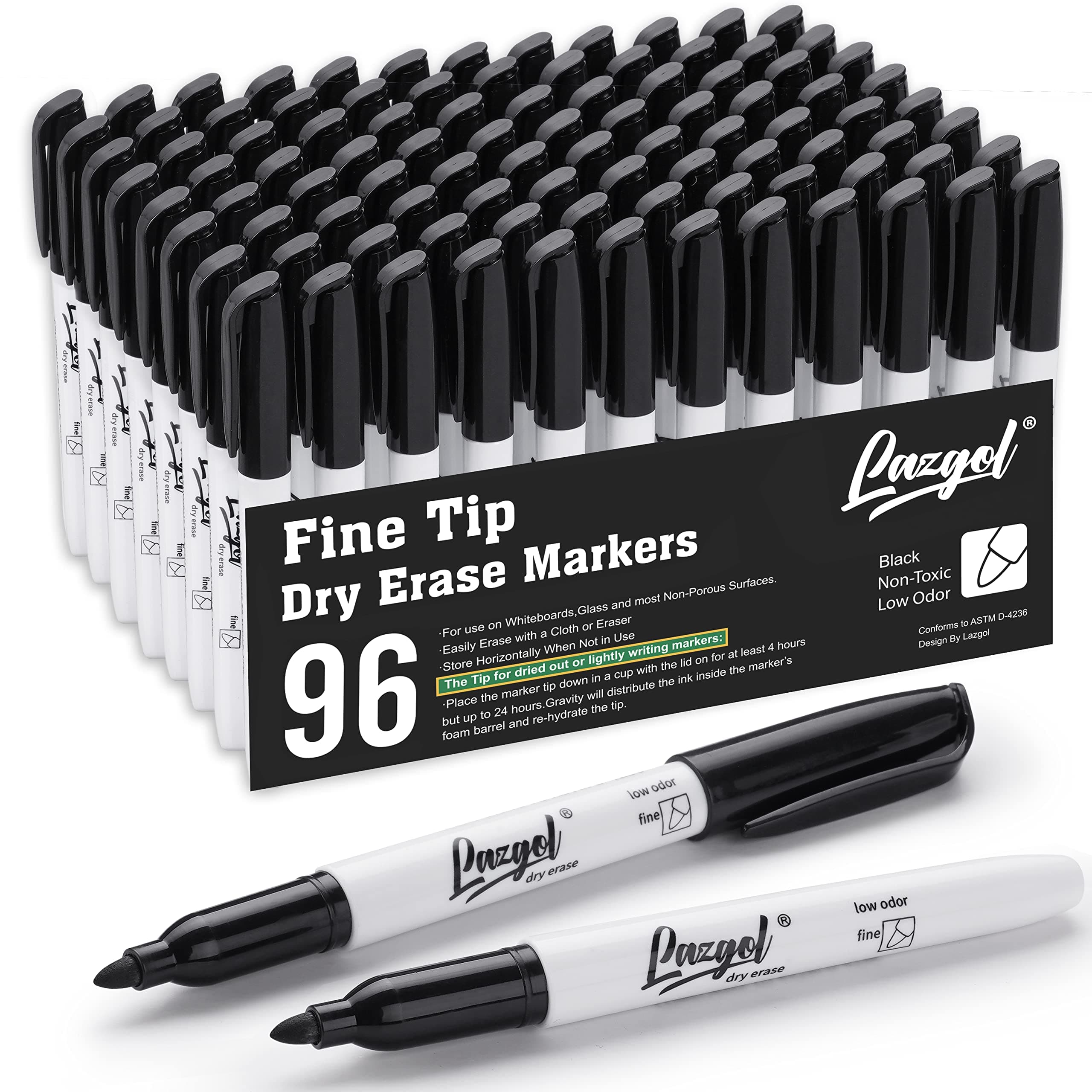 Dry Erase Markers Bulk, 96 Pack Fine Point Tip Black Dry Erase Markers, Low Odor Whiteboard Markers for Back to School, Office, Home, Work On White board & Calendar, Refrigerator.