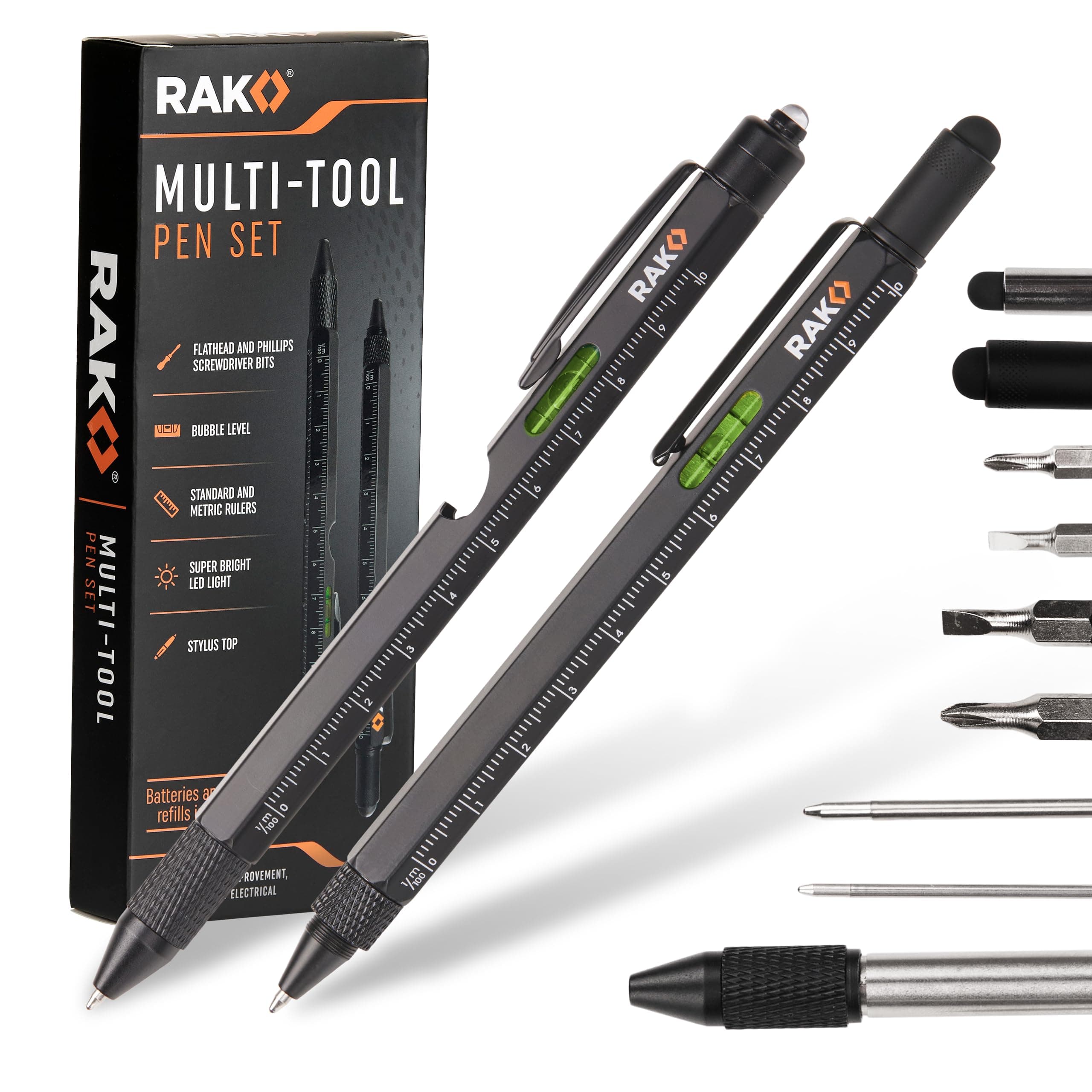RAK Multitool Pen - Multi-Tool Pen Set 11 in 1, LED Light, Screwdrivers, Level, Ruler, Bottle Opener, and Stylus. Cool Gadgets Gifts for Men, Dad, EDC Tactical Pen Tool, Gift-Ready Box, Pack of 2