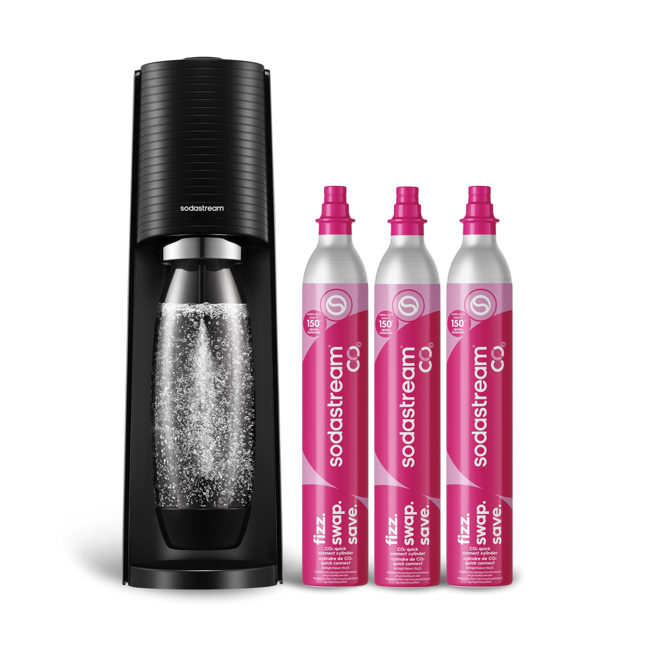 SodaStream Terra Sparkling Water Maker Bundle in Black - includes 3-Pack CO2 and Carbonating Bottle