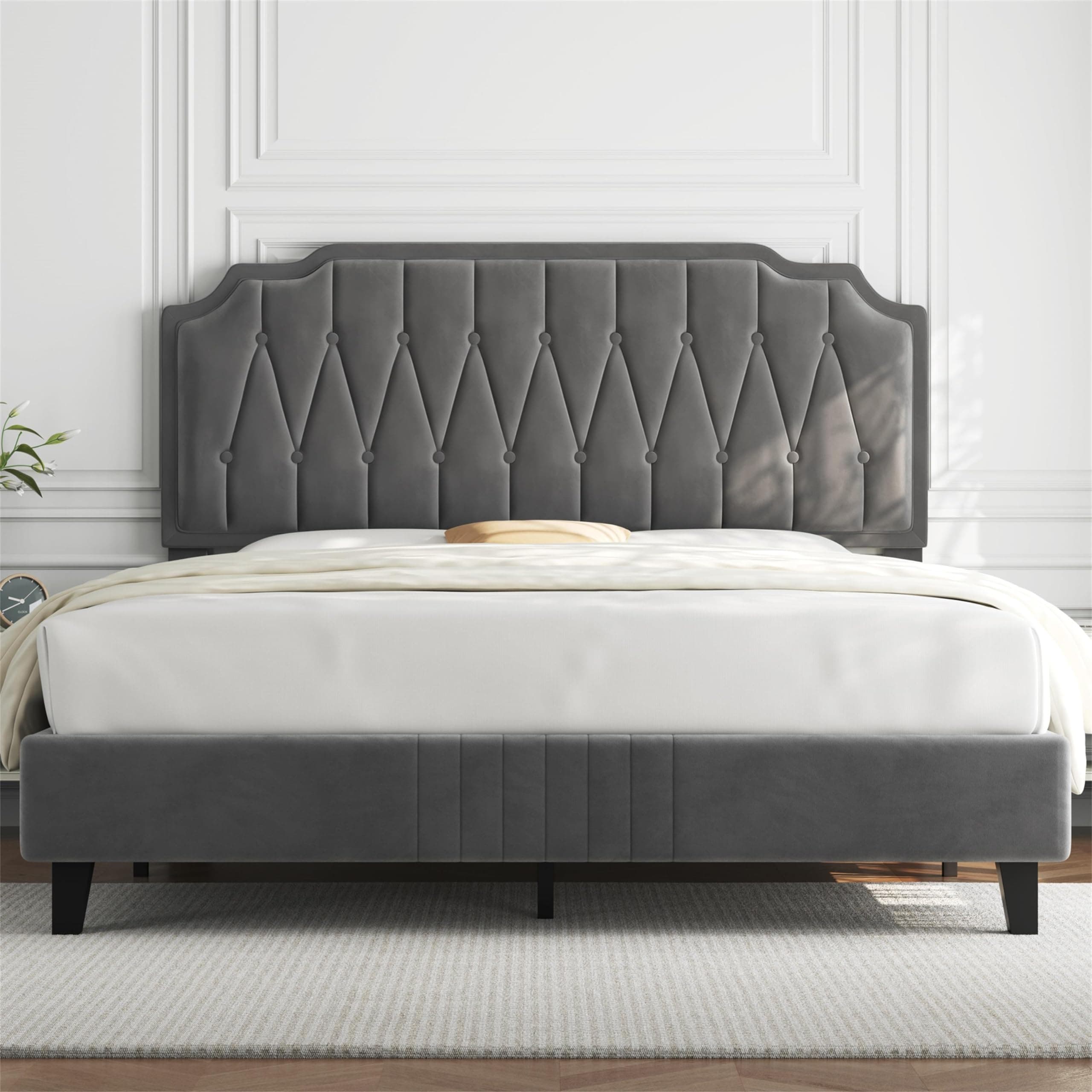 Yaheetech 4ft6 Double Upholstered Bed Frame with Adjustable Button Tufted Headboard/Velvet Fabric/Sturdy Wooden Slat Support/No Box Spring Needed, Dark Grey