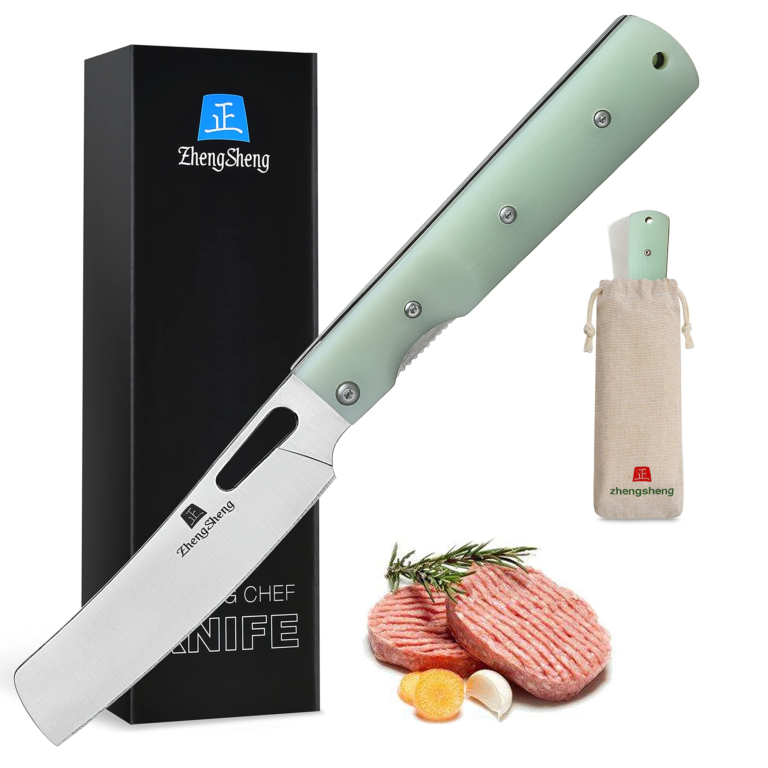 ZhengSheng Folding Chef Knife 4.8" Sharp 440A Stainless Steel Blade G10 Handle Pocket Foldable Japanese Style Kitchen Knife for Outdoor Camping Cooking