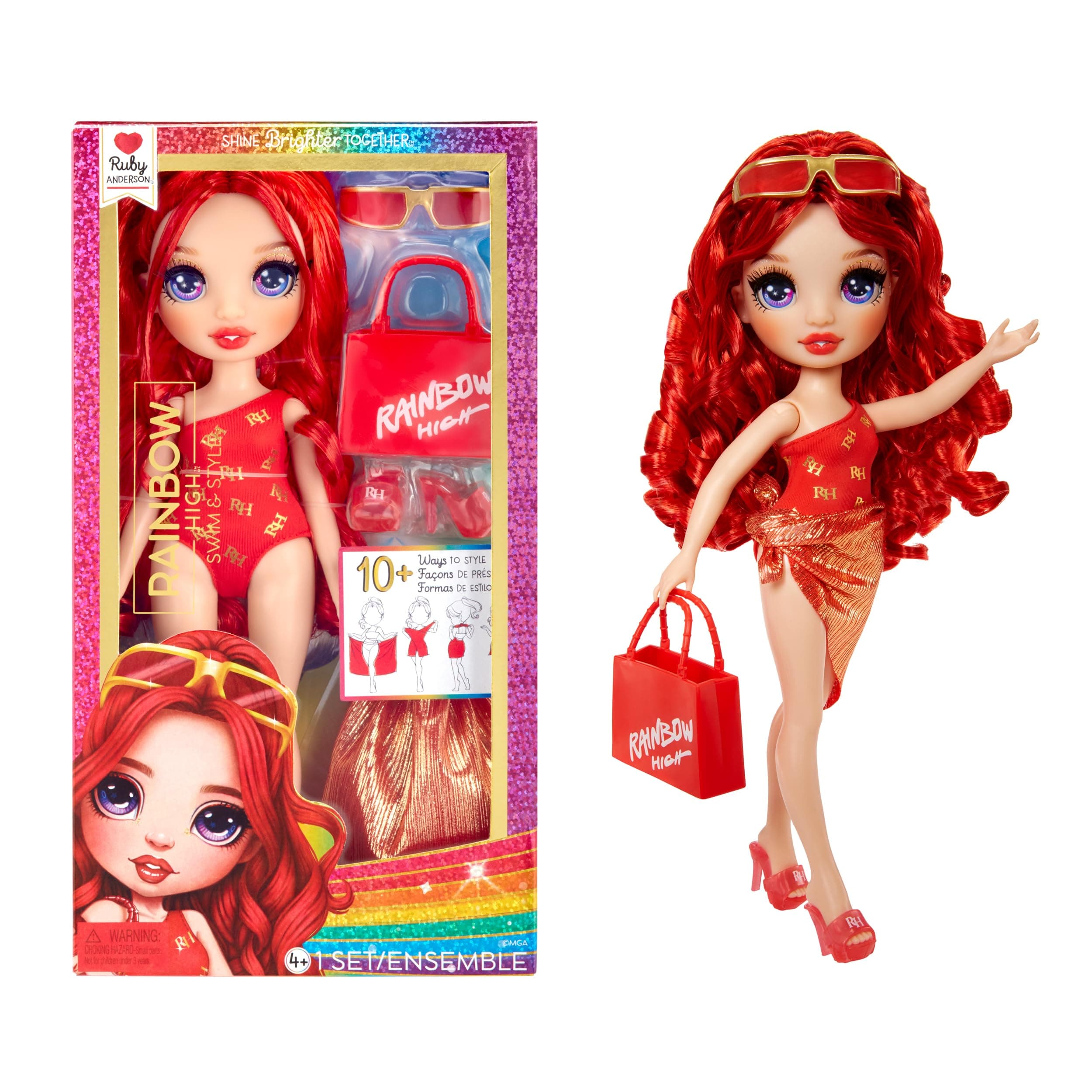 Swim & Style - Ruby (Red) - 28 cm Doll with Shimmery Wrap to Style 10+ Ways - Removable Swimsuit, Sandals, Fun Play Accessories - Kids Toy - Great for Ages 4-12 Years