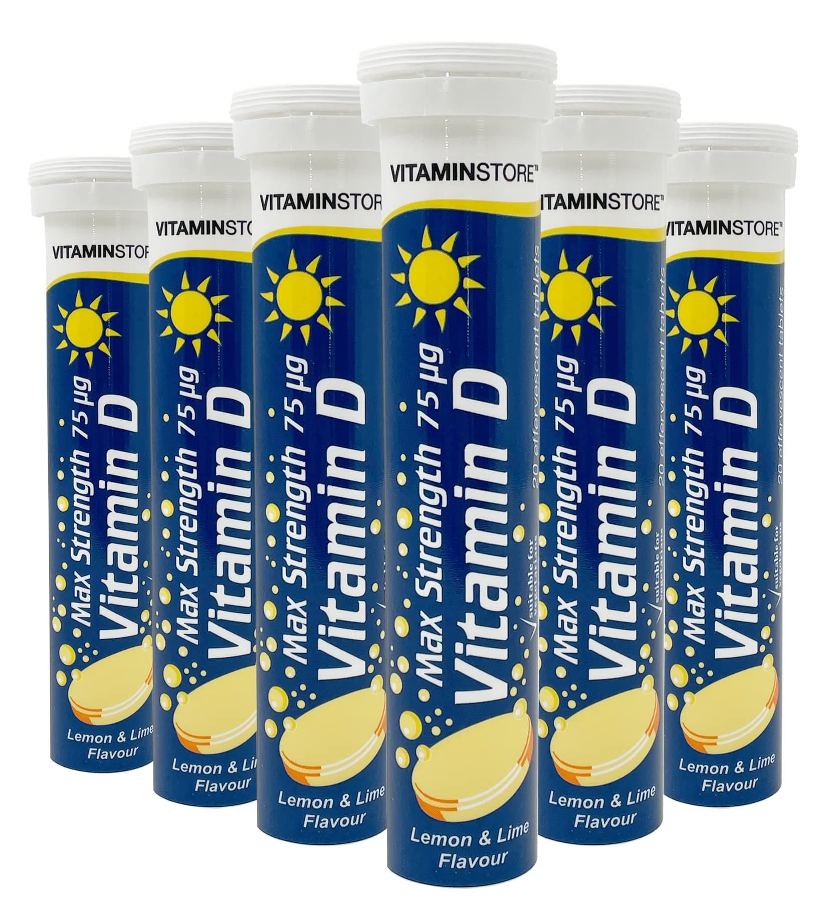 Vitamin Store Vitamin D Effervescent Tablets, Max Strength 75ug, Lemon & Lime Flavoured, Suitable for Vegetarians, 6 Packs of 20 Tablets