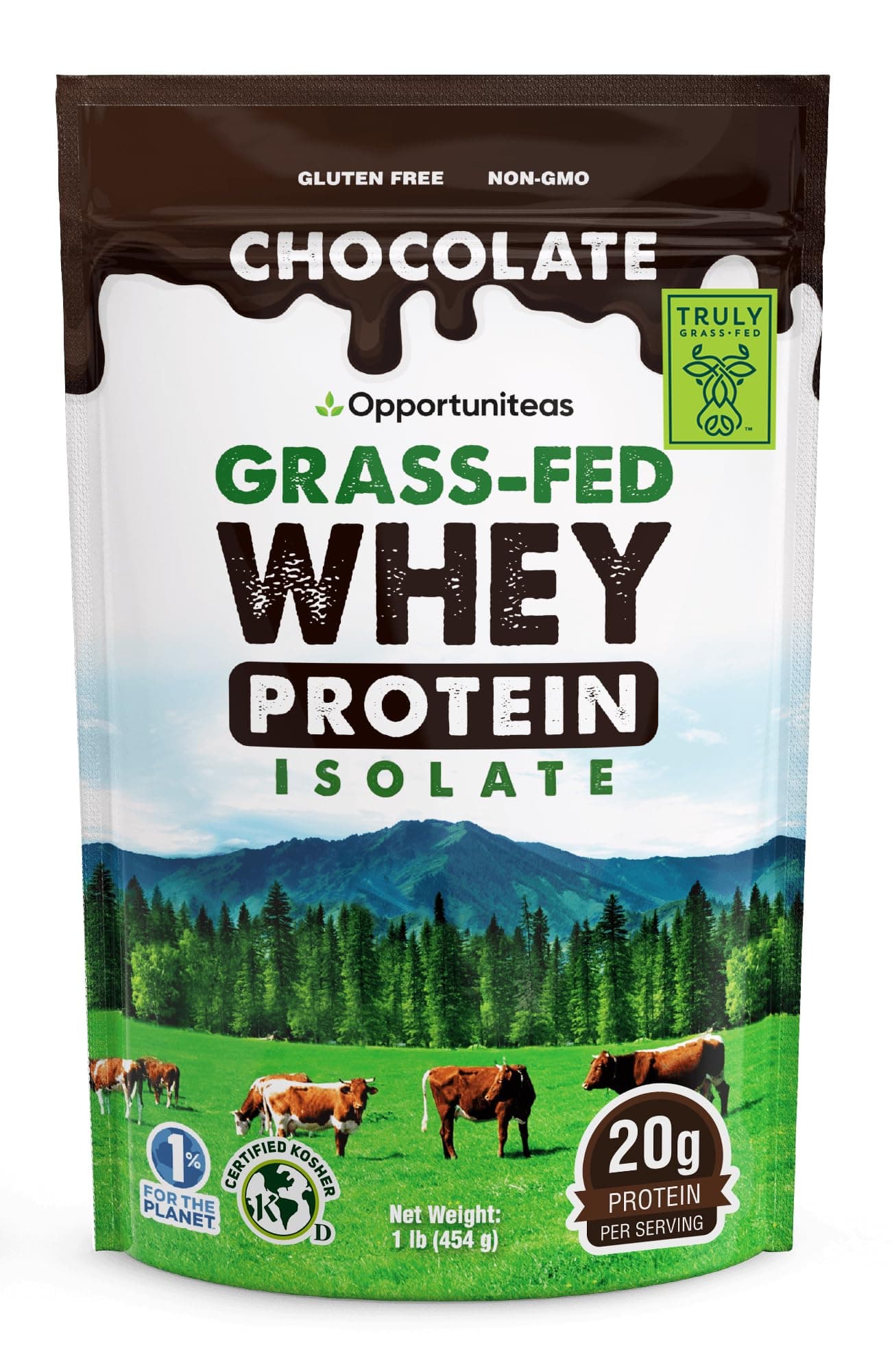 Opportuniteas Grass Fed Chocolate Whey Protein Isolate Powder - 20g Protein Powder Without Artificial Sweeteners, Hormone-Free Cows, Non GMO - 1lb
