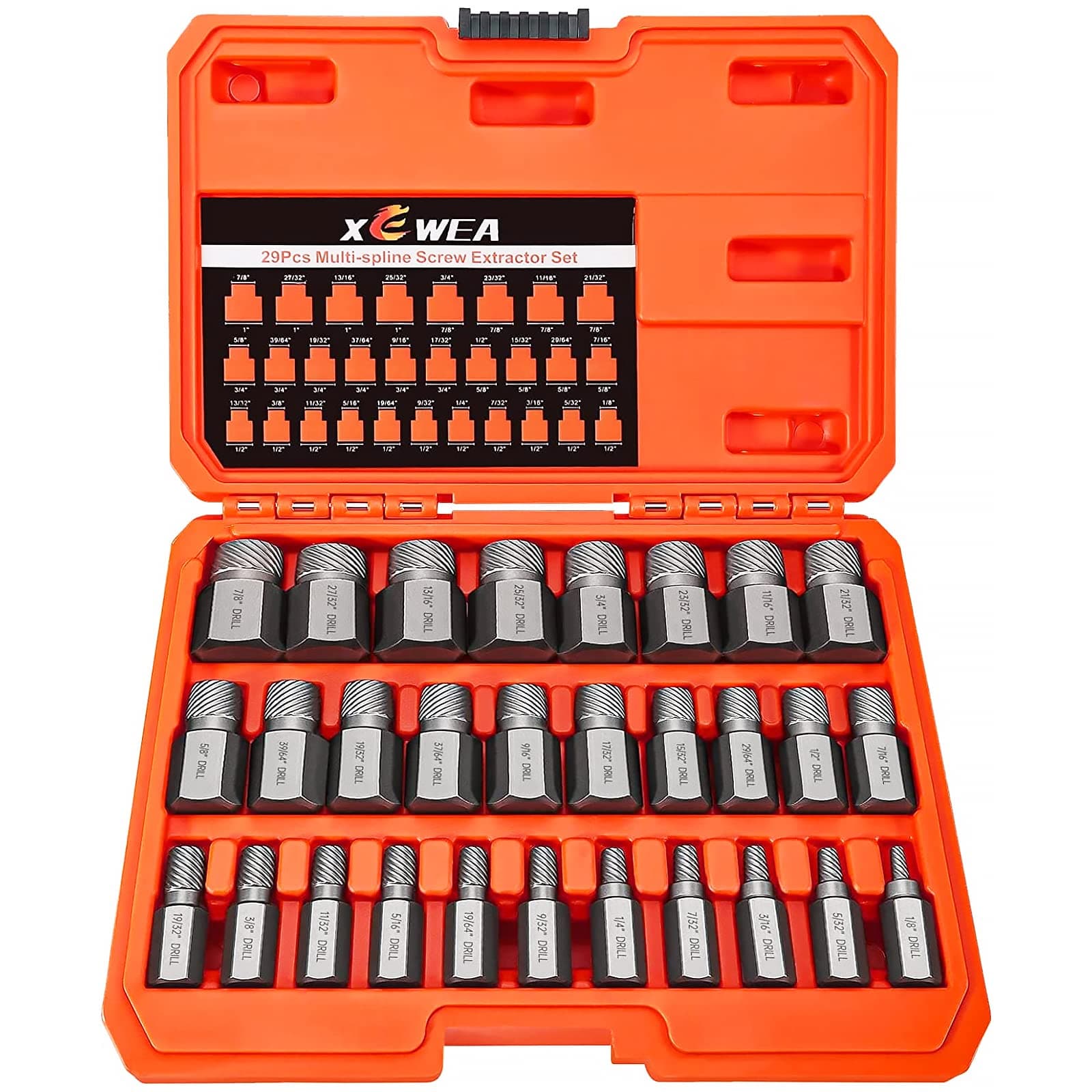 XEWEA Screw Extractor Set Hex Head Multi-Spline Easy Out Bolt Extractor Set, Chrome Molybdenum Alloy Steel Rounded Bolt Remover (29Pcs)
