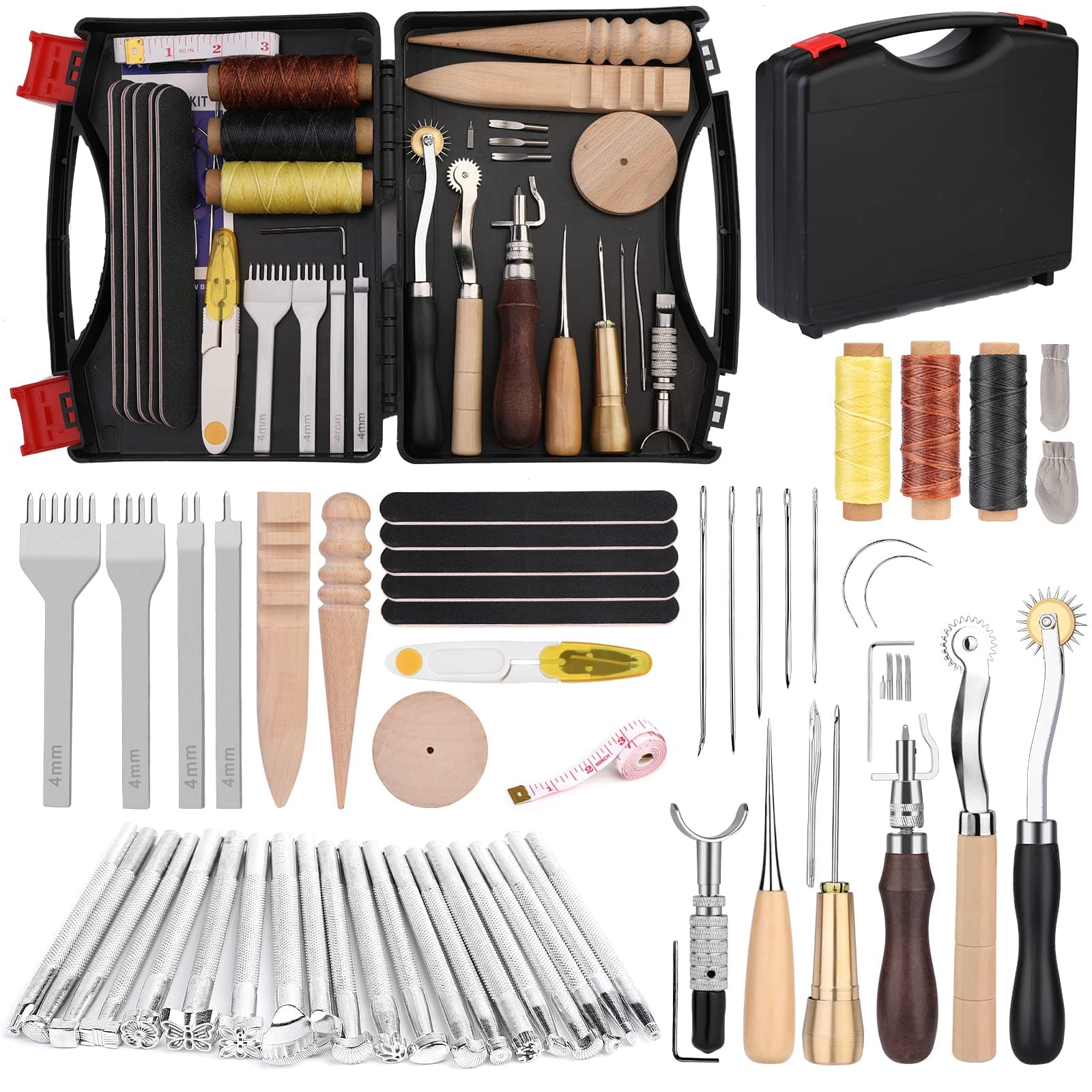 50 Pieces Leather Tools Kit, Leather Tools and Supplies, Leather Working Kits Supplies with Leather Tool Box Prong Punch Edge Beveler Wax Threads Needles Perfect for Stitching Punching Cutting Sewing