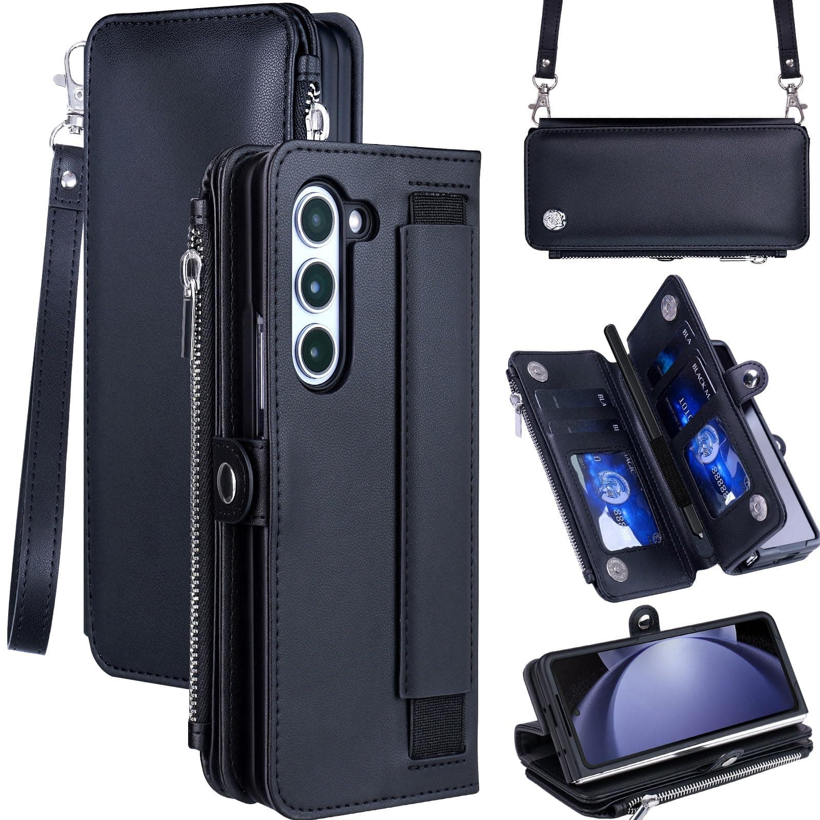 for Samsung Galaxy Z Fold 5 Wallet Case, Z Fold 5 Case with S Pen Holder with Strap & Zipper Magnetic Leather Shockproof Case Full Body Cover for Galaxy Z Fold 5 (Black)
