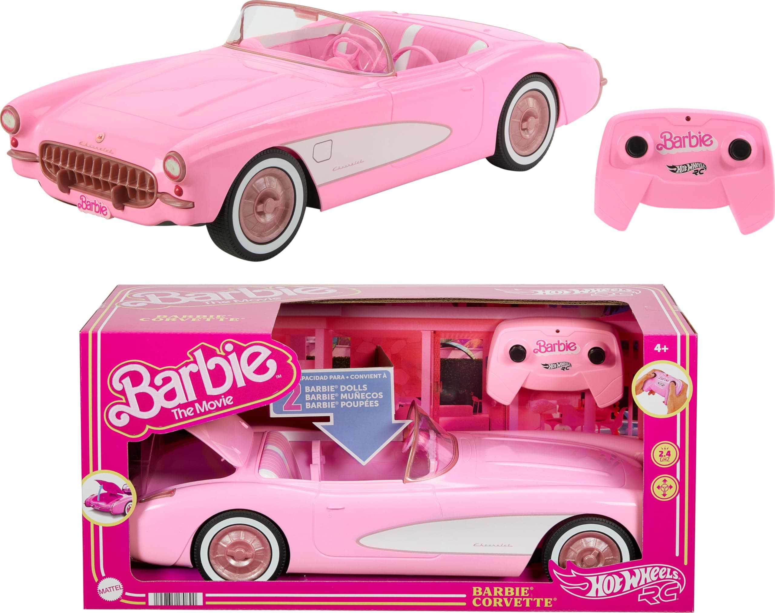 Hot Wheels RC Corvette from Barbie the Movie, Full-Function Remote-Control Toy Car Holds 2 Barbie Dolls