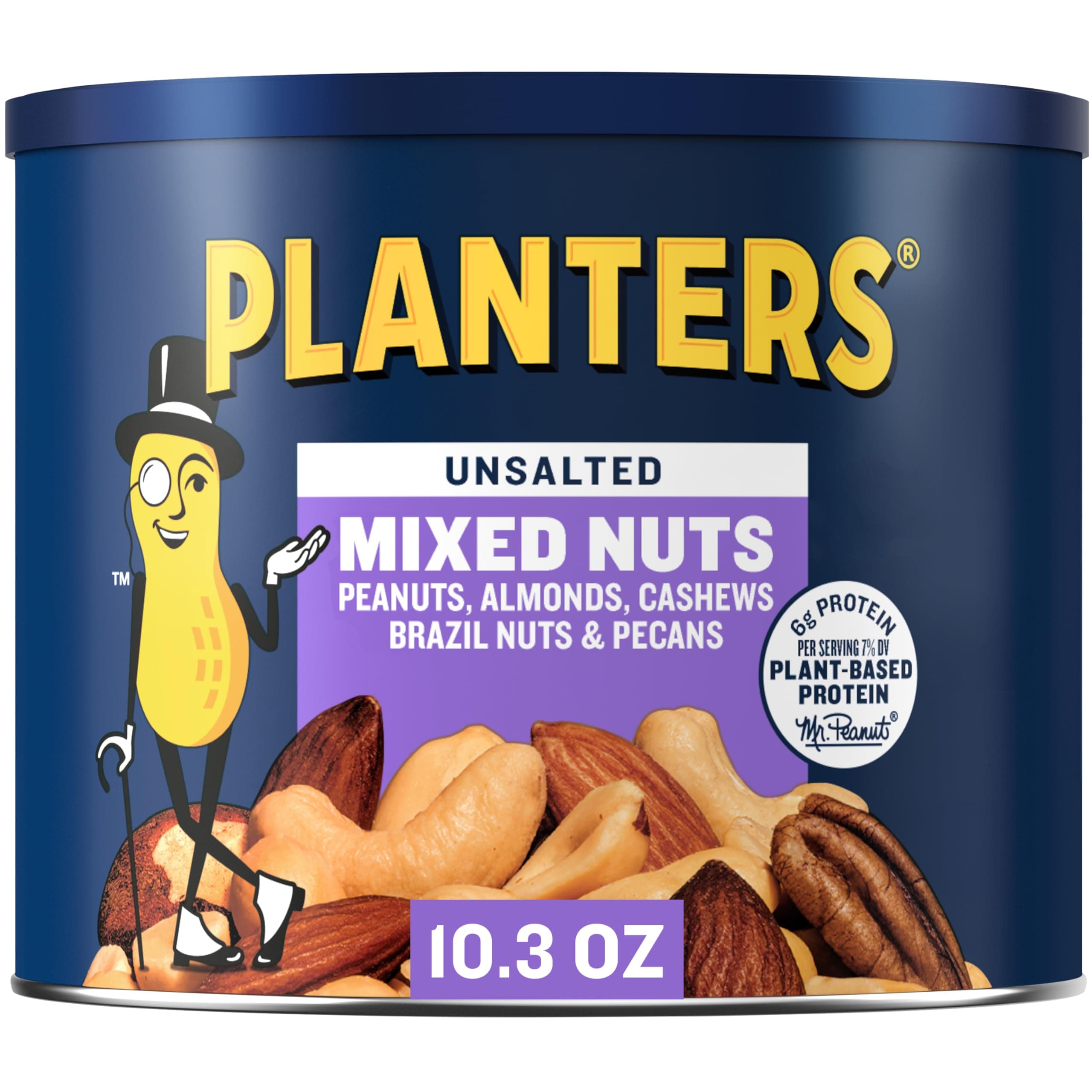Mixed Nuts Unsalted, Party Snacks, Plant-Based Protein, 10.3 oz Canister