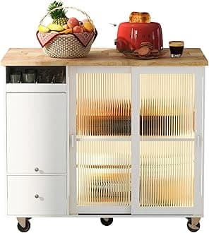 LUMISOL Kitchen Island Cart on Wheels with LED Lights and Drop Leaf, Mobile Kitchen Cart with Adjustable Shelf and 2 Drawers, 2 Fluted Glass Doors and 1 Flip Cabinet, White