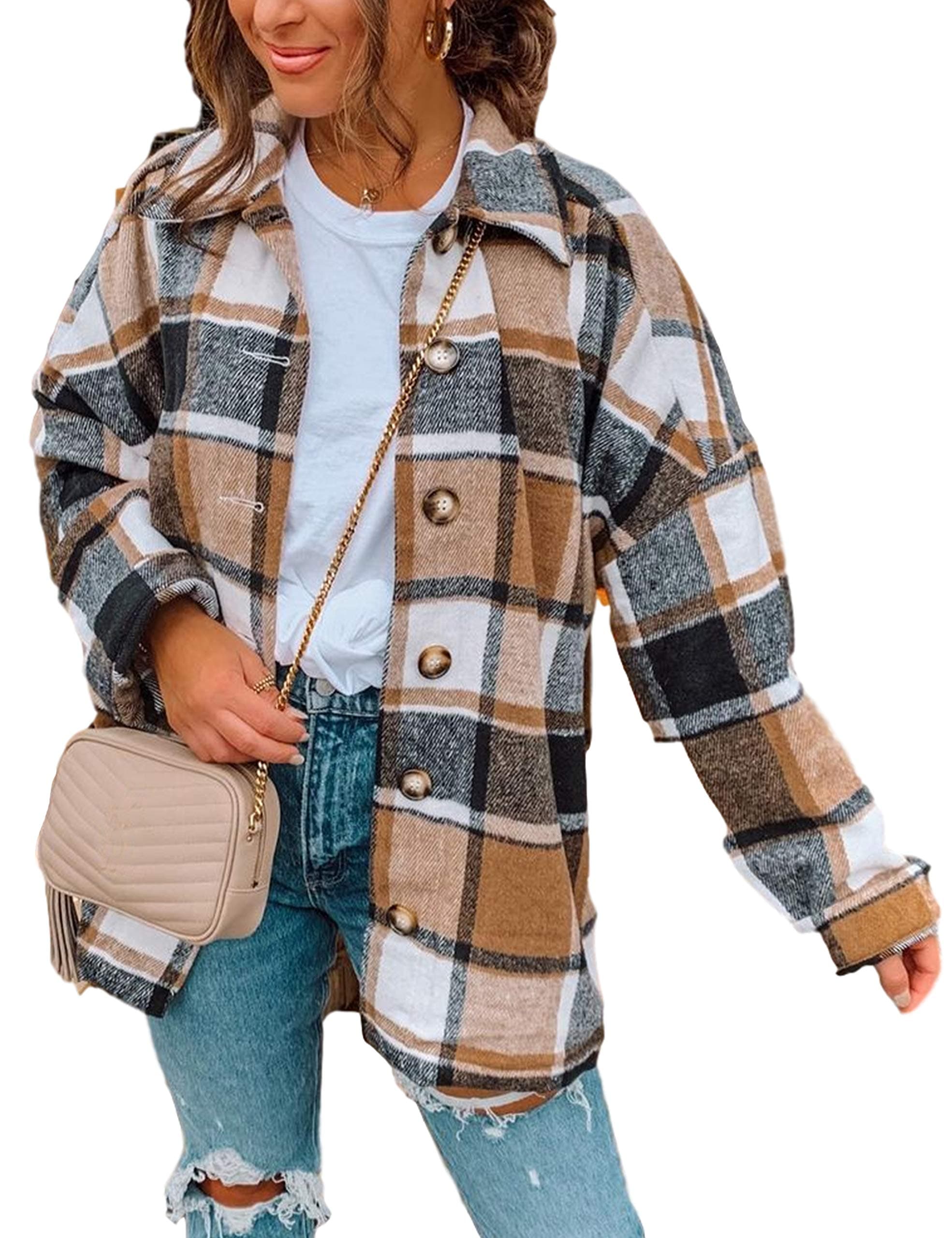 Women's Plaid Flannel Shacket Oversized Button Down Long Sleeve Shirt Jacket Casual Spring Fall Outfits