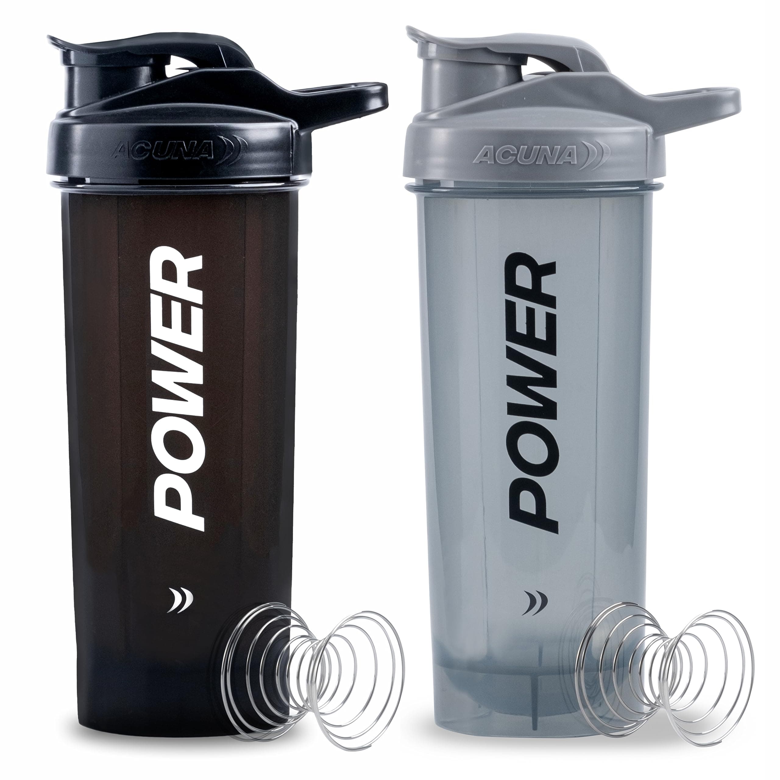 ACUNA POWER Protein Shaker Bottle 700 ml (2 Pack)| Leakproof Premium Shaker Bottle for Protein Shakes, Shaker Ball for Lump-Free Smooth Shake BPA Free Protein Shake Bottle for Fitness Gym (Black-Grey)