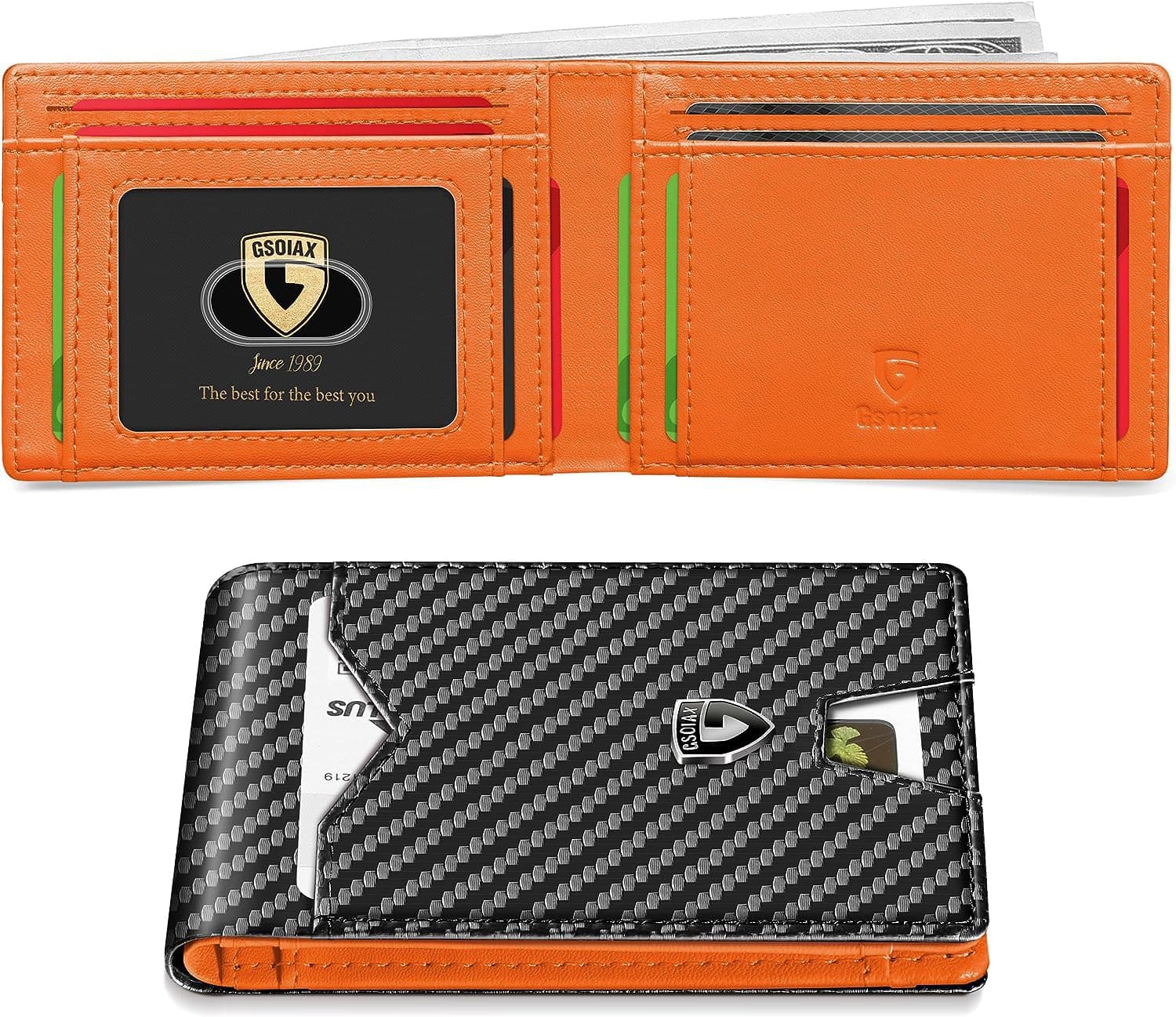 Slim Wallet for Men Rfid Blocking Leather Bifold Front Pocket Carbon Fiber Credit Card Holder Novelty Wallets With Gift Box (Carbon Black and Orange)
