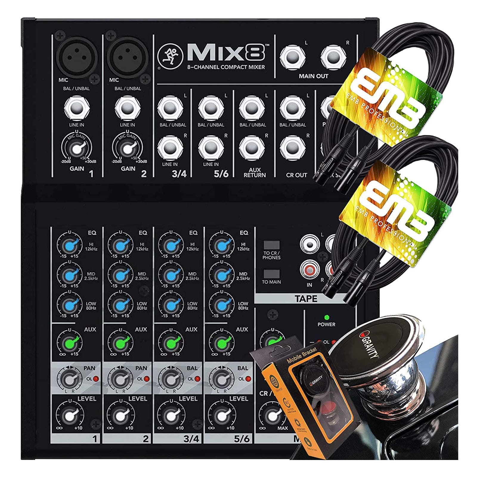 Mix8- Compact 8-Channel Desktop Analog Midsize Mixer for Live Sound 2 Mic/Line Input Channels with Pair of EMB XLR Cable and Gravity Magnet Phone Holder Bundle (2)