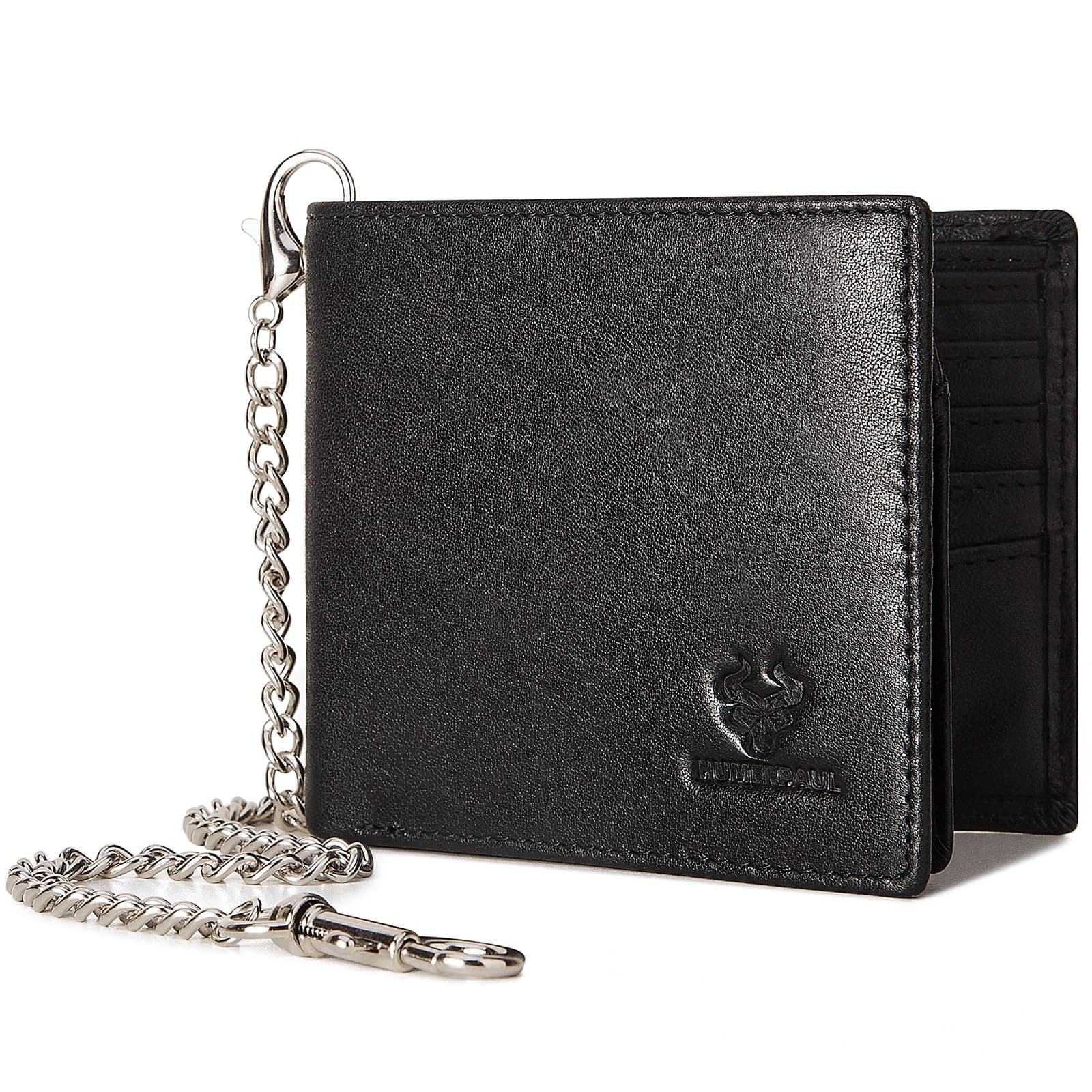 HUMERPAUL Chain Wallets for Men, Genuine Leather Purse RFID Blocking Bifold Wallets with 2 ID Window, BP711-Black, Fashion