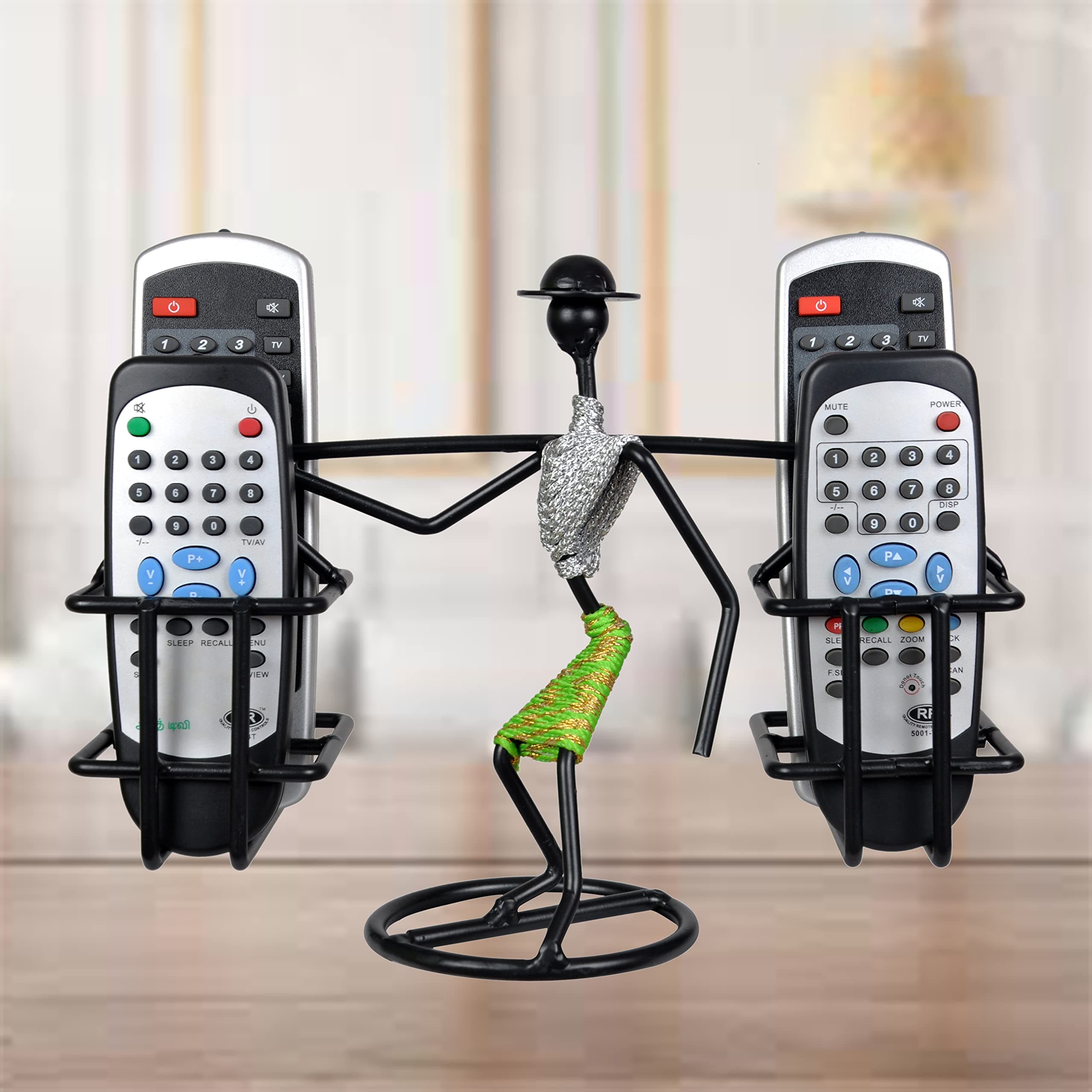 D D&V Engineering Remote Holder/Remote Stand/Remote Organizer for Living Room Decor (Lady carrying Remotes Design, Silver & Green)