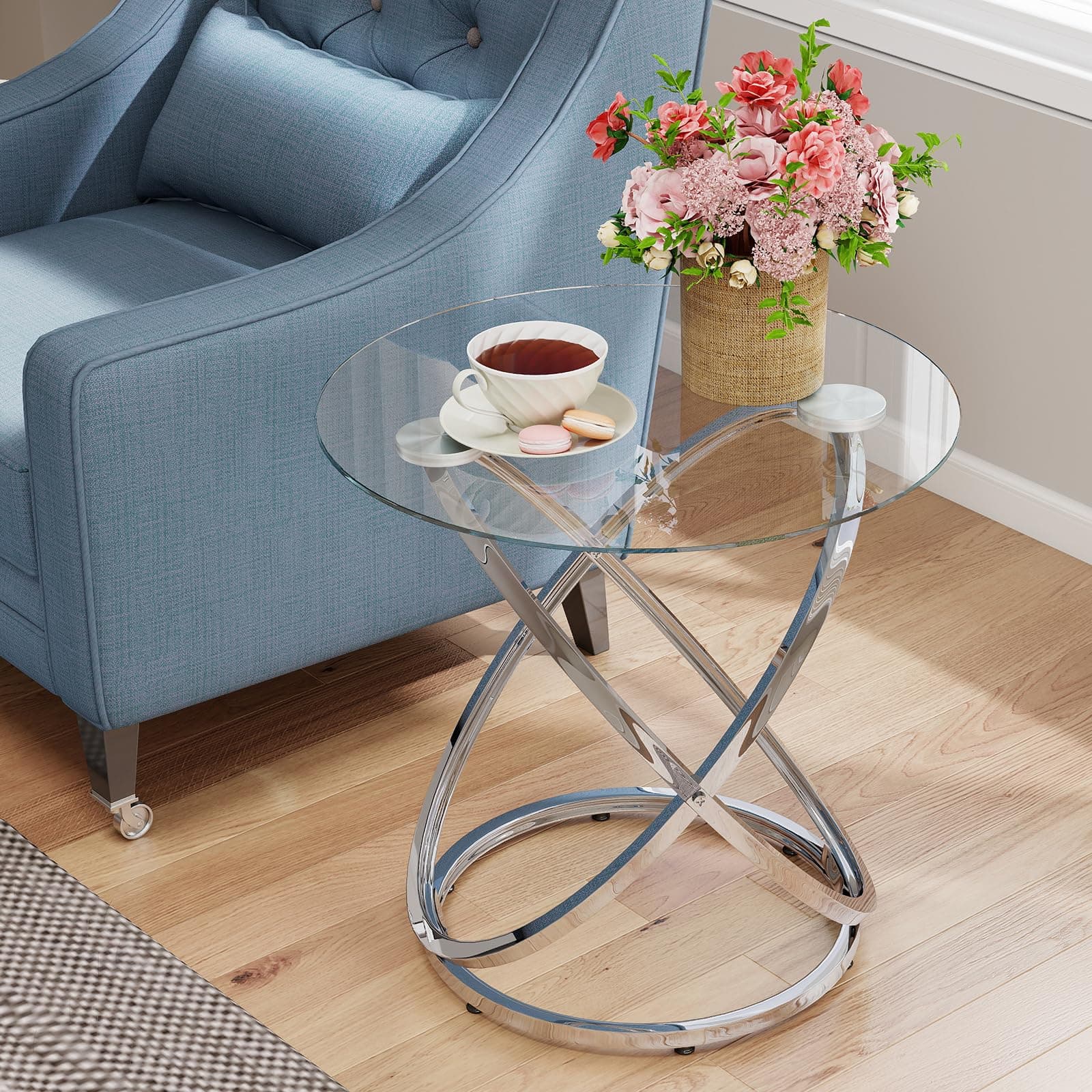 OIOG Glass Round End Table, Modern Contemporary Side Table for Small Space with Tempered Glass Tabletop for Living Room, Chrome Finish