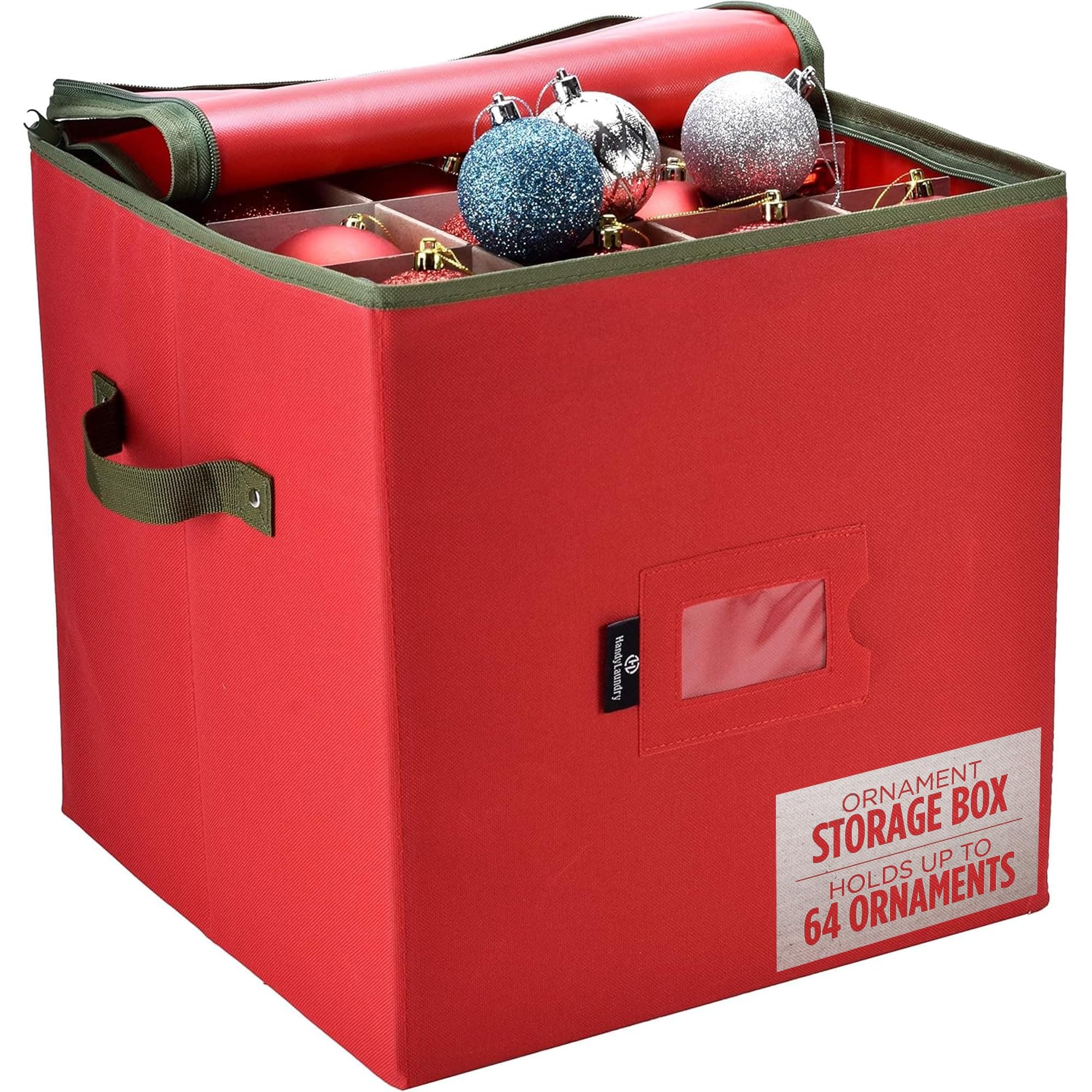 Christmas Ornament Storage - Stores upto 64 Holiday Ornaments, Adjustable Dividers, Zippered Top, Two Handles. Storage Box Keeps Holiday Decorations Clean and Dry for Next Season. (Red)
