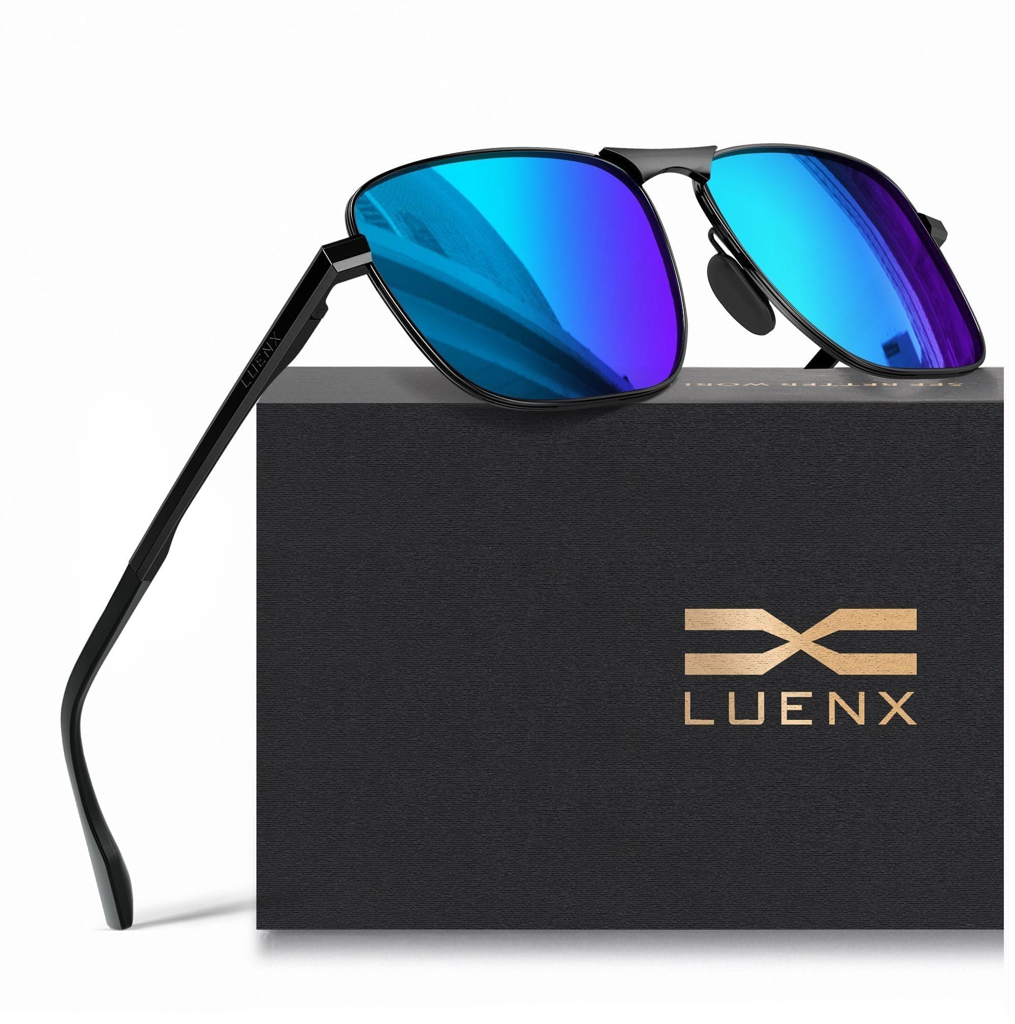 LUENX Rectangular Polarized Aviator Sunglasses for Men Square Retro Shades Driving UV400 Protection, Dark Blue/Black Frame, 59MM