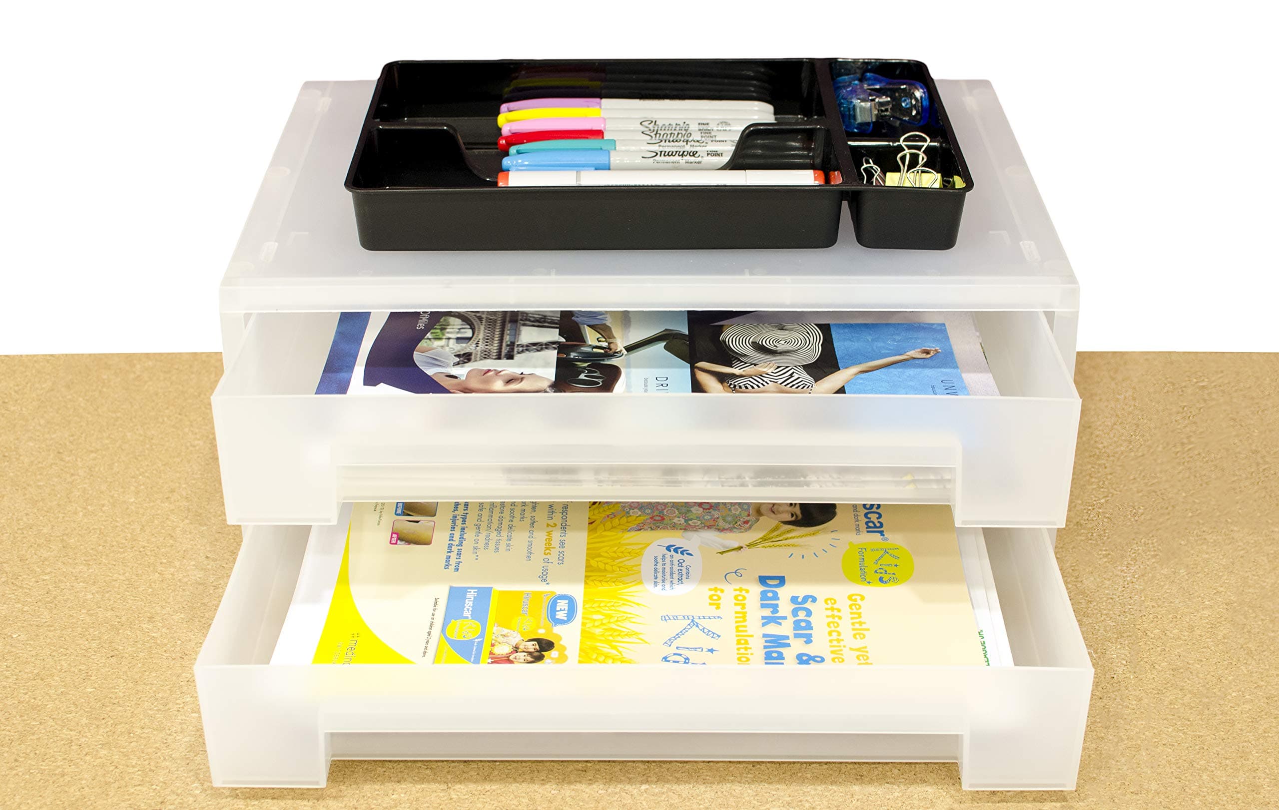 2-Tier Large Office Desk Organizer & Document Tray - Storage Box Drawer for Documents, Stationery, Office, Teaching, School Supplies - Translucent White PP Horizontal Desktop Organizer