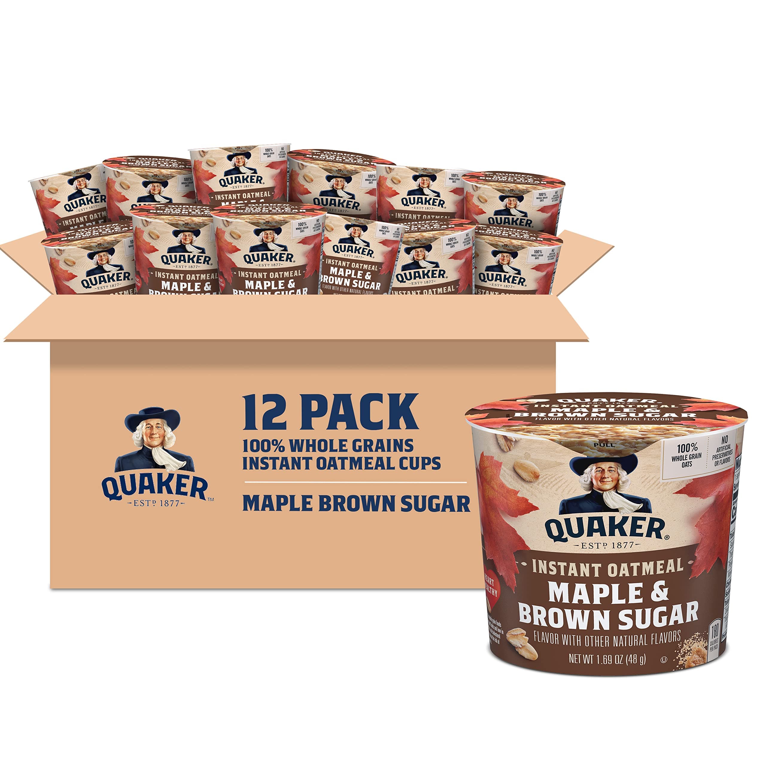 Quaker Instant Oatmeal Express Cups, Maple Brown Sugar, Breakfast Cereal, 1.69 oz Cups (Pack of 12) by Quaker