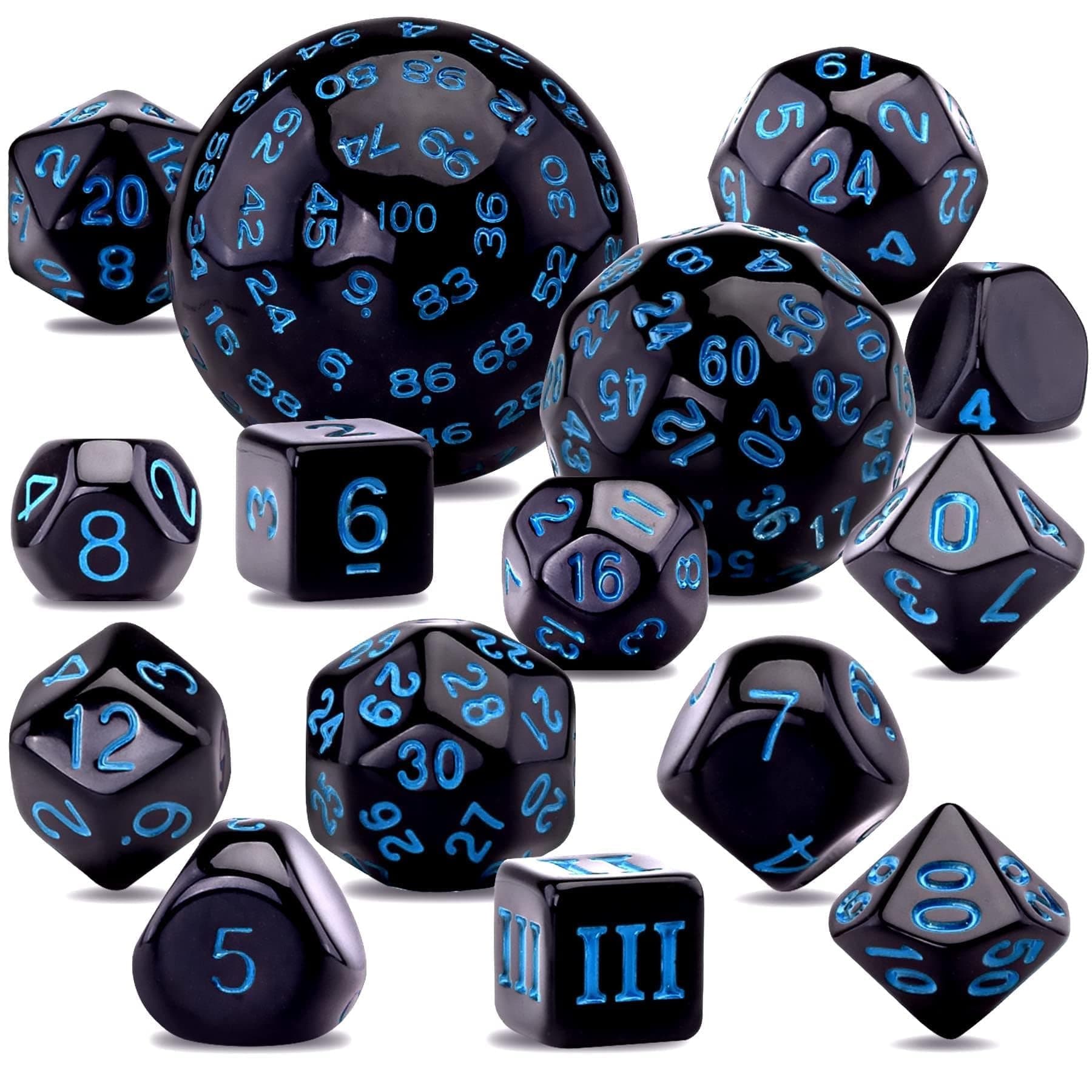 THE WHITE SHOP Polyhedral Dice Set, Game Dice Set for Role Playing Table Games RPG Dice Set in Opaque Black for Role Playing Table Games D3-D100 Dice for Dungeons and Dragons (Blue Numbers)