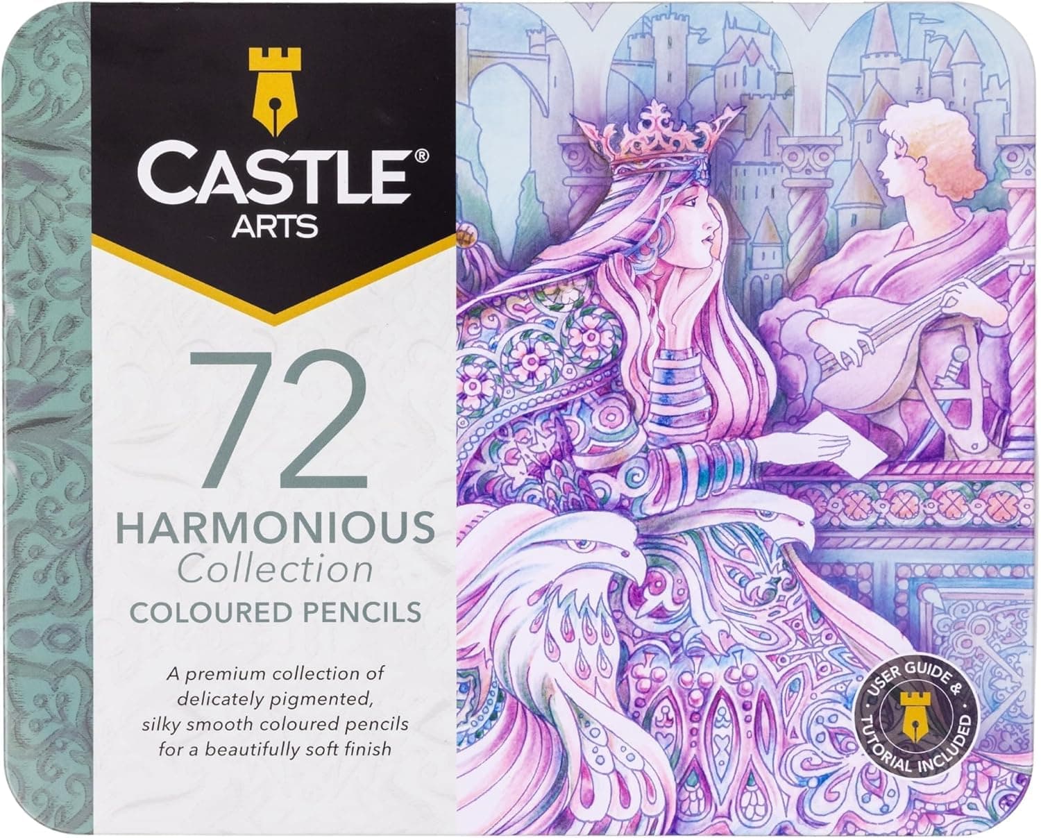 Castle Art Supplies 72 Harmonious Coloured Pencils Set | Wax-Based, Soft Core Coloured Pencils for Expert Blending | Unique Muted and Moody Palette for Adult Artists | Organised in Presentation Tin
