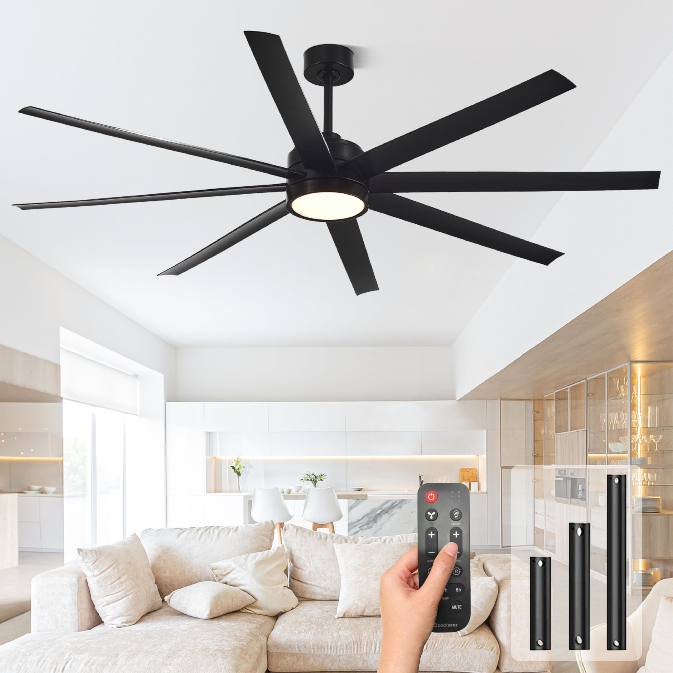 Conciseer Modern Ceiling Fans with Lights, 72 Inch Ceiling Fan with Light and Remote Control, Bedroom, Living Room, Library, Cafe, Outdoor/Industrial Area, Dimmable in 3 Circ