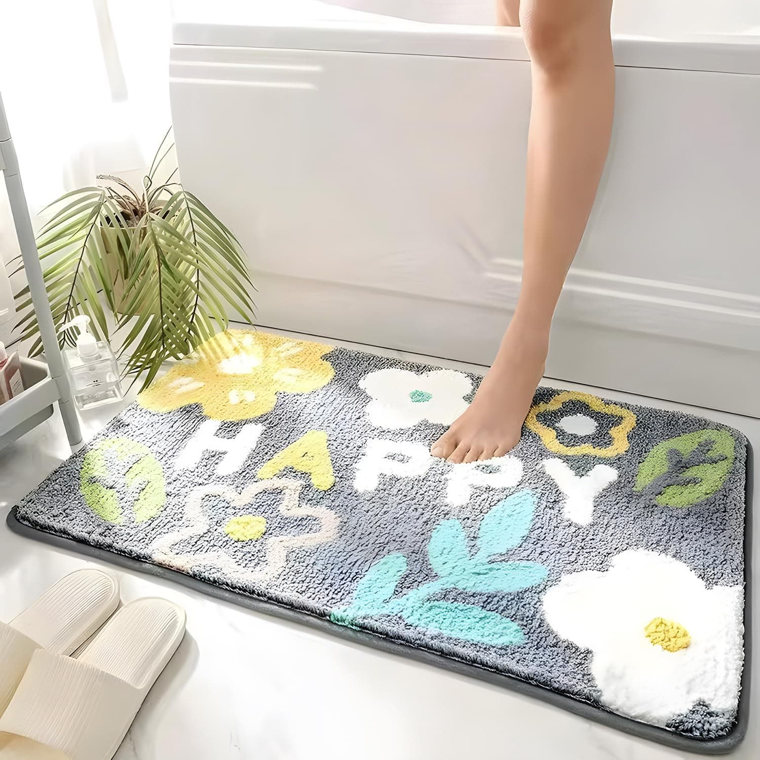 X spring Bath Mat, 40x60cm Cute Flowers Leaf Bath Mat, Anti-Slip Bathtub Rug Foot Mat, Absorbent Washable Bath Rugs, Plush Shaggy Bath Carpet for Washroom Floor Rugs Cozy Indoor Entryway (Grey)